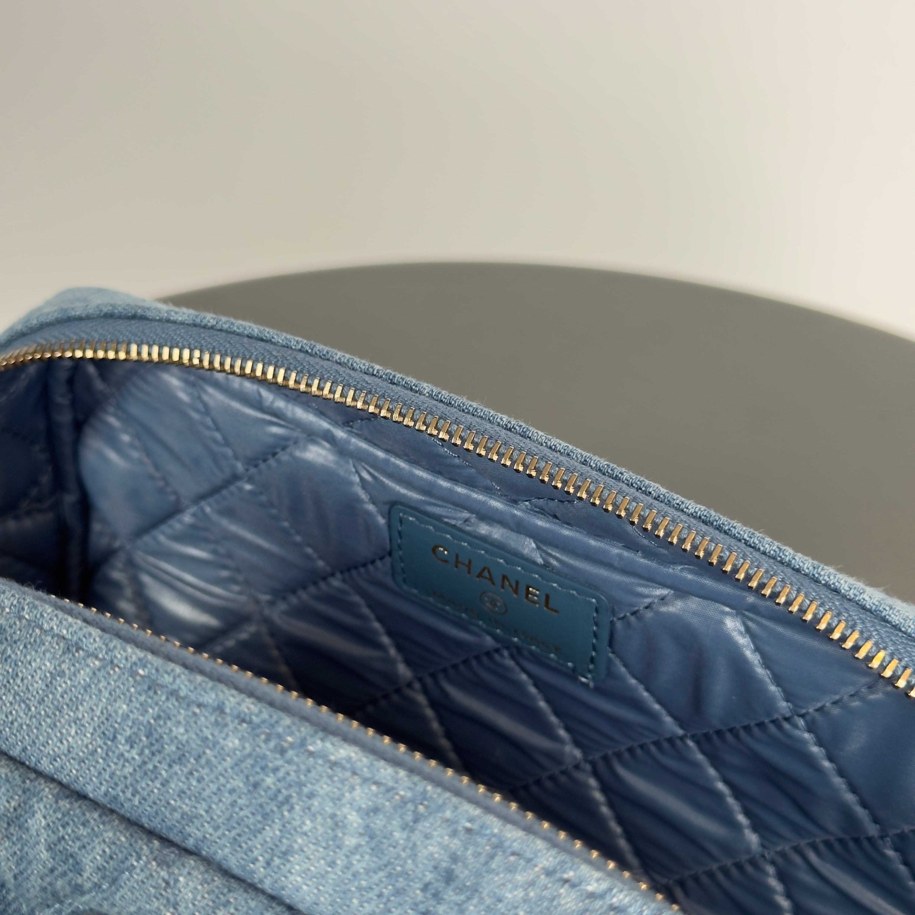 Chanel 24C Blue Denim Quilted Cosmetic Pouch on Chain - Queen May