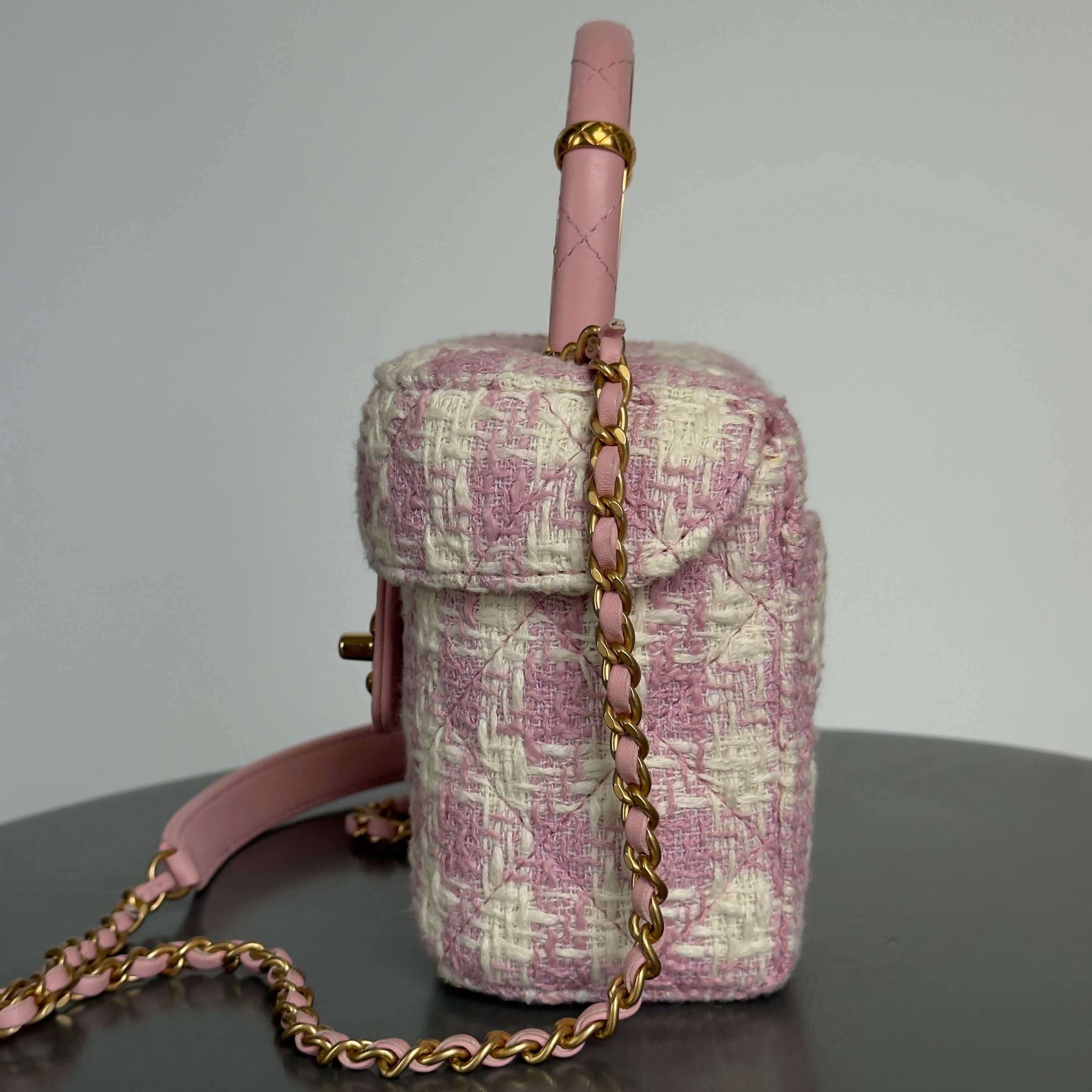 Chanel Pink Ecru Tweed Handle Crush Small Vanity Case - Queen May