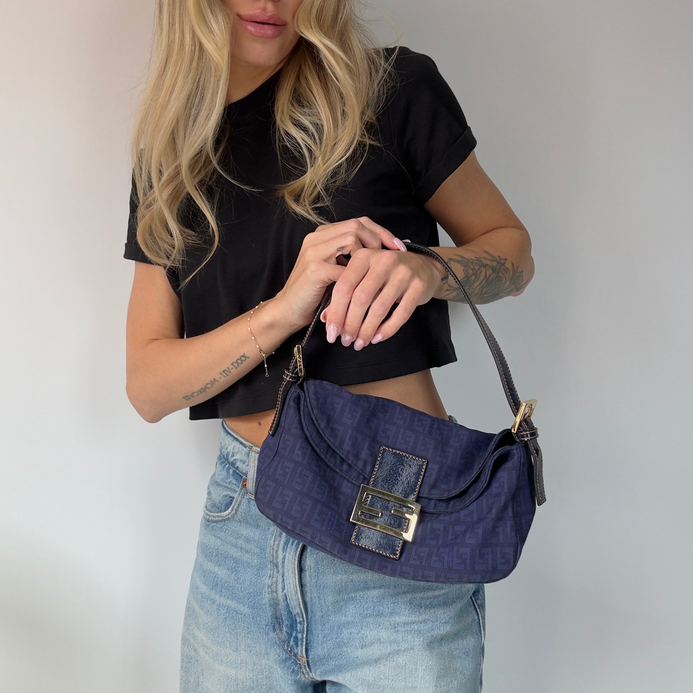 Fendi Zucca Double Flap Baguette Navy - Queen May
