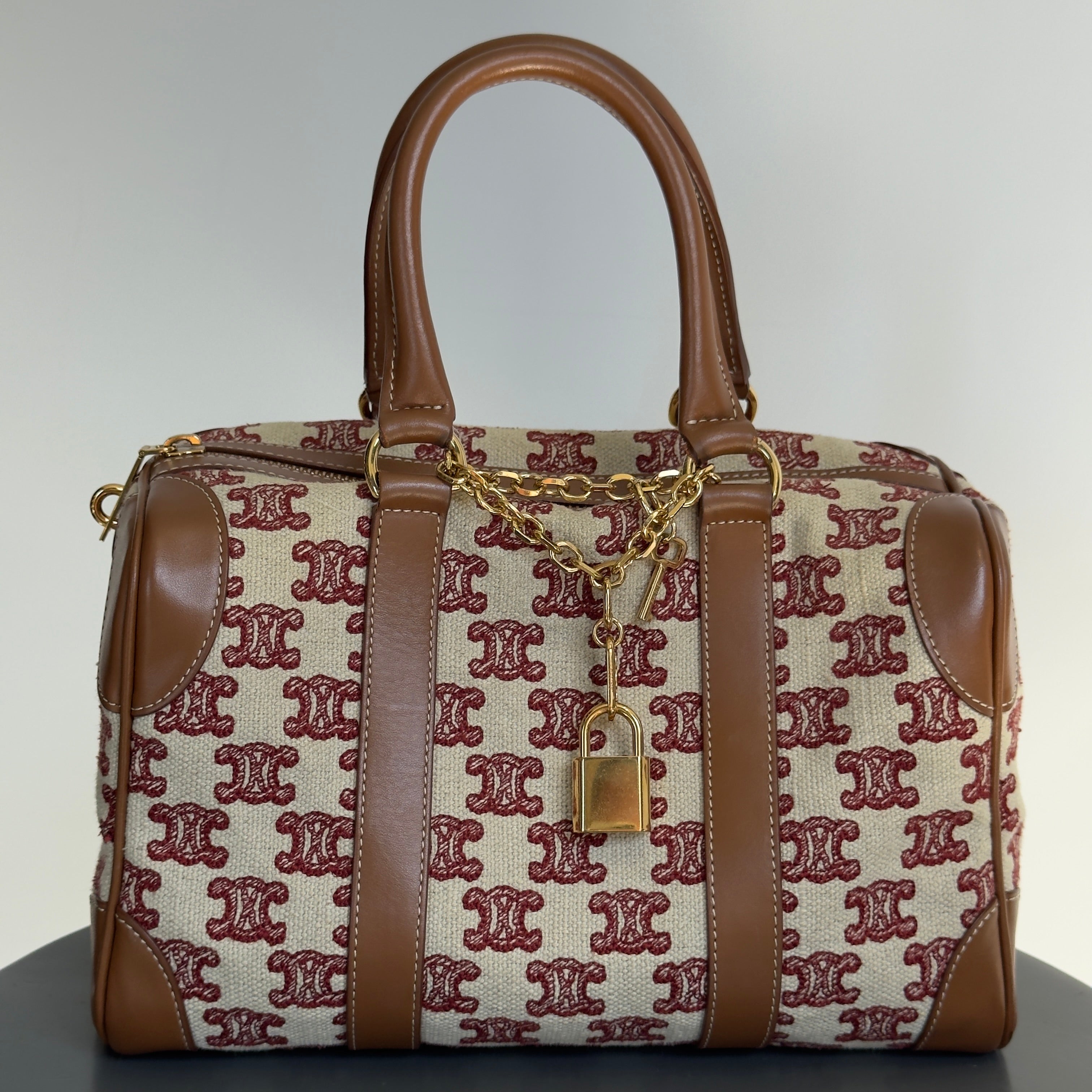 Celine Triomphe Textile Calfskin Small Boston Bag Brown - Queen May