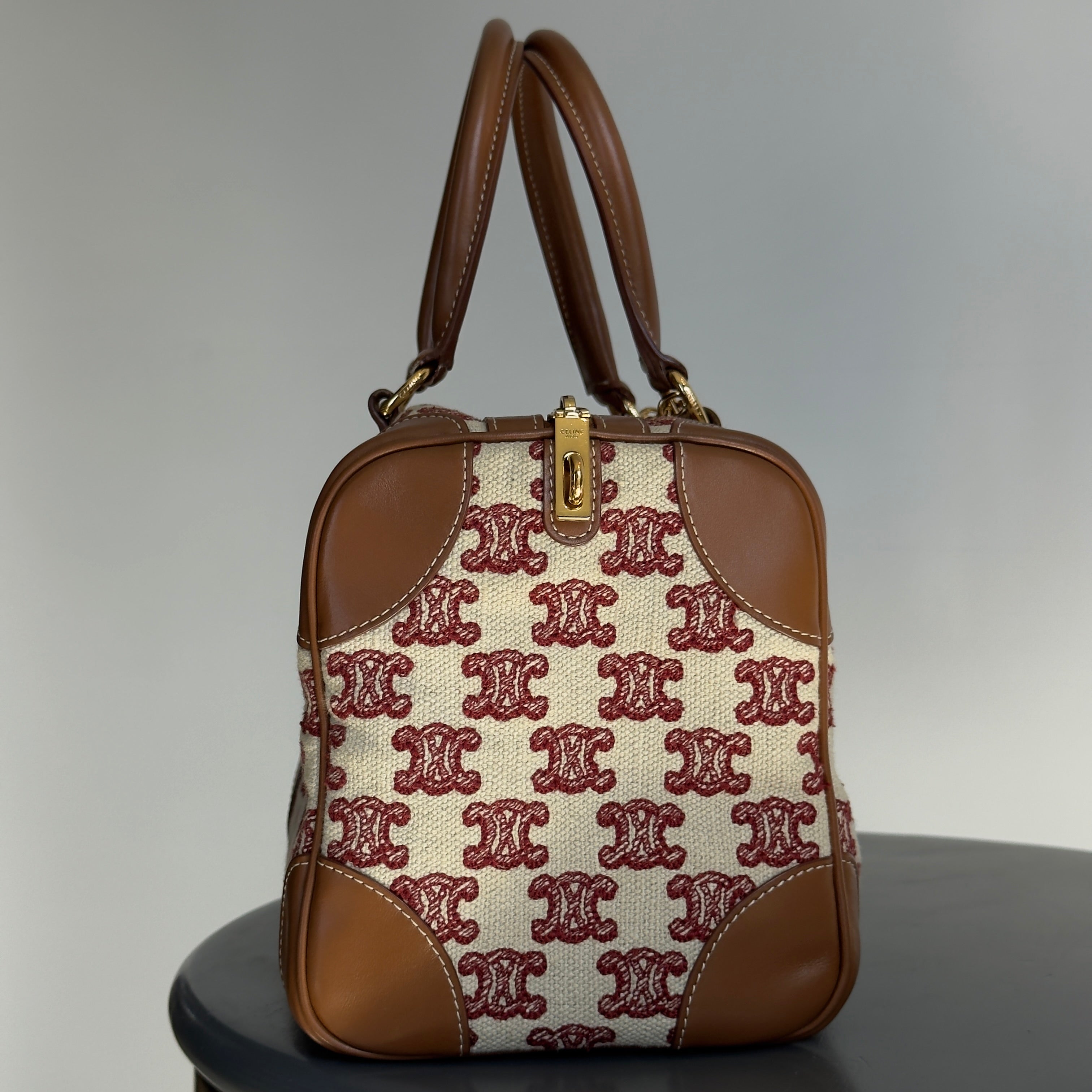 Celine Triomphe Textile Calfskin Small Boston Bag Brown - Queen May