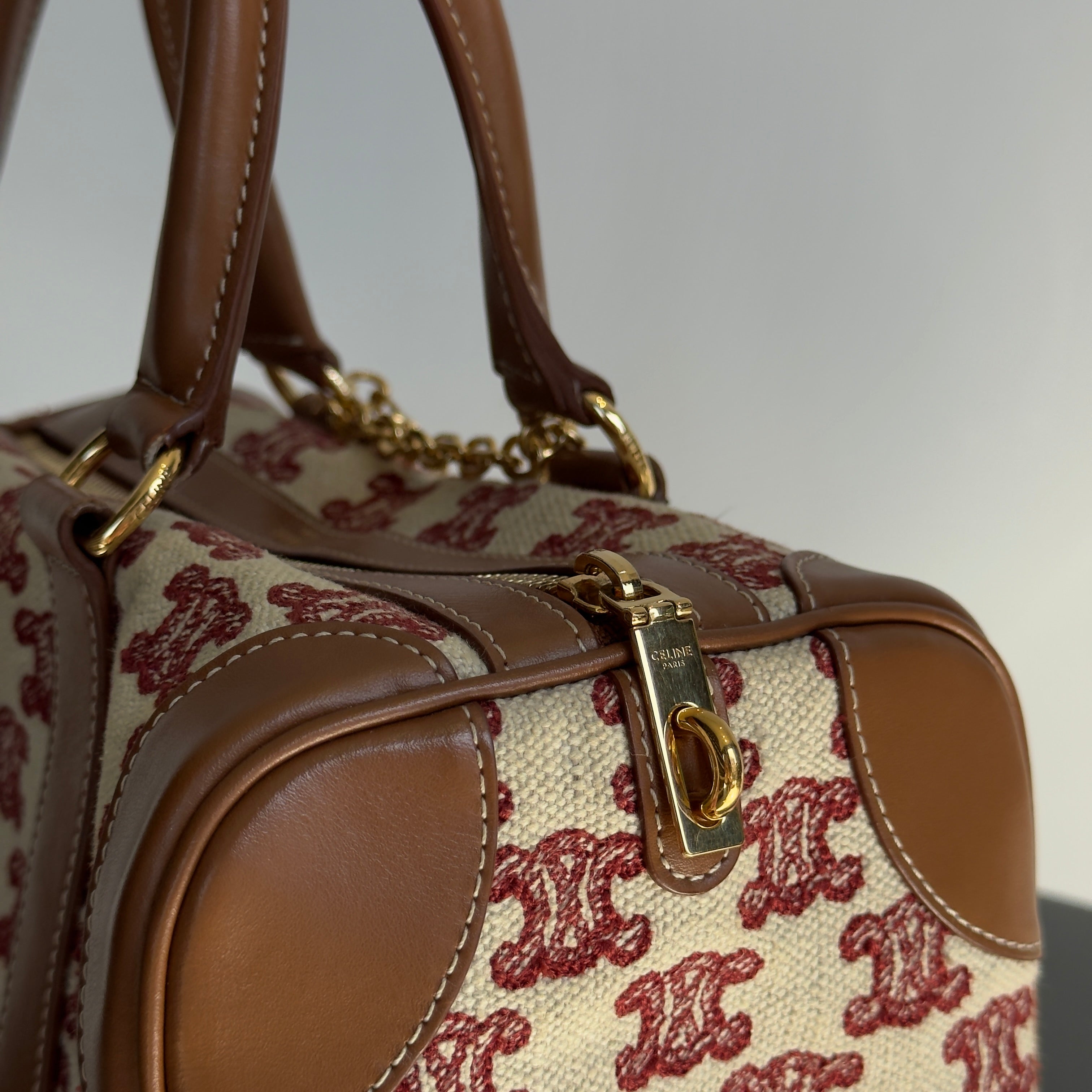 Celine Triomphe Textile Calfskin Small Boston Bag Brown - Queen May
