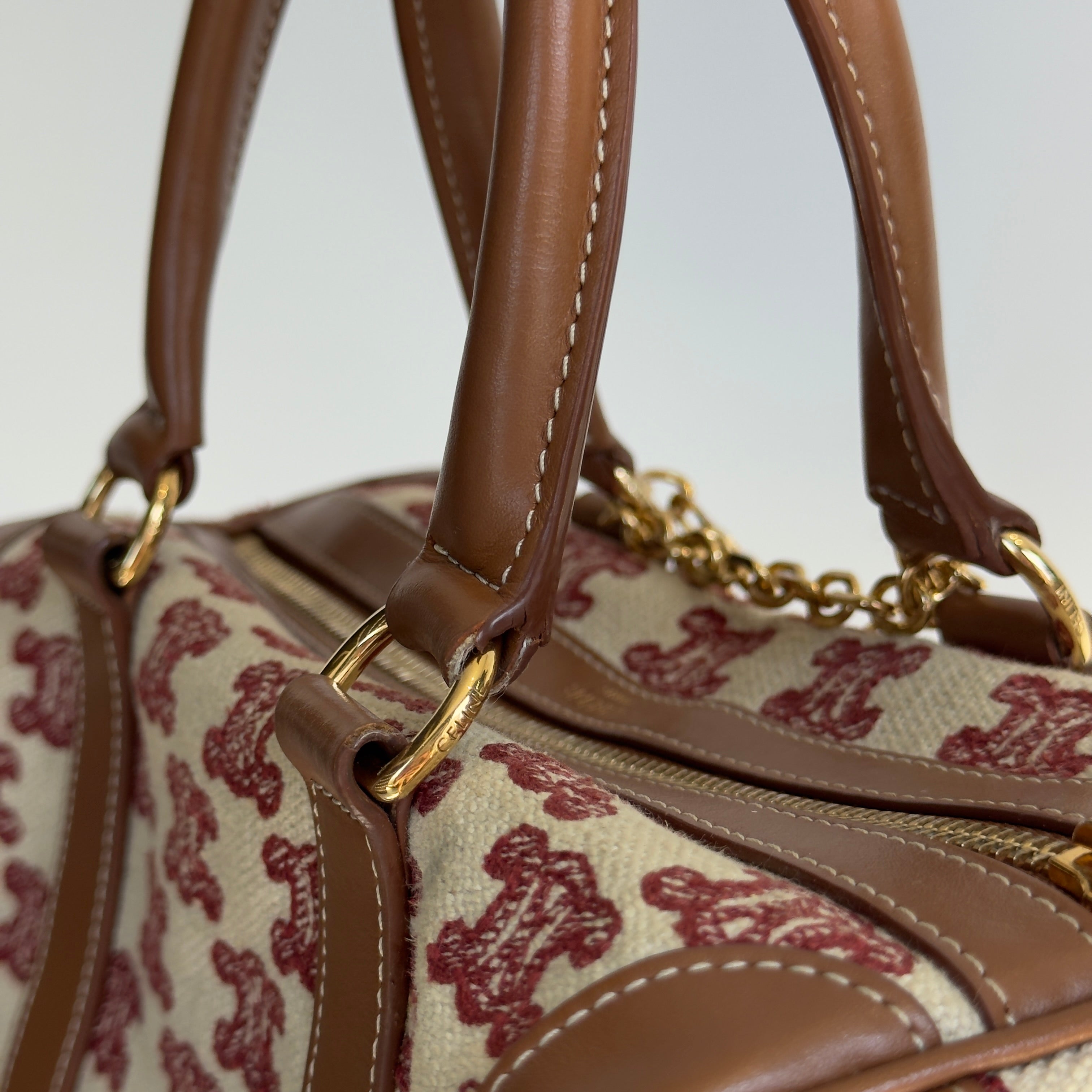 Celine Triomphe Textile Calfskin Small Boston Bag Brown - Queen May
