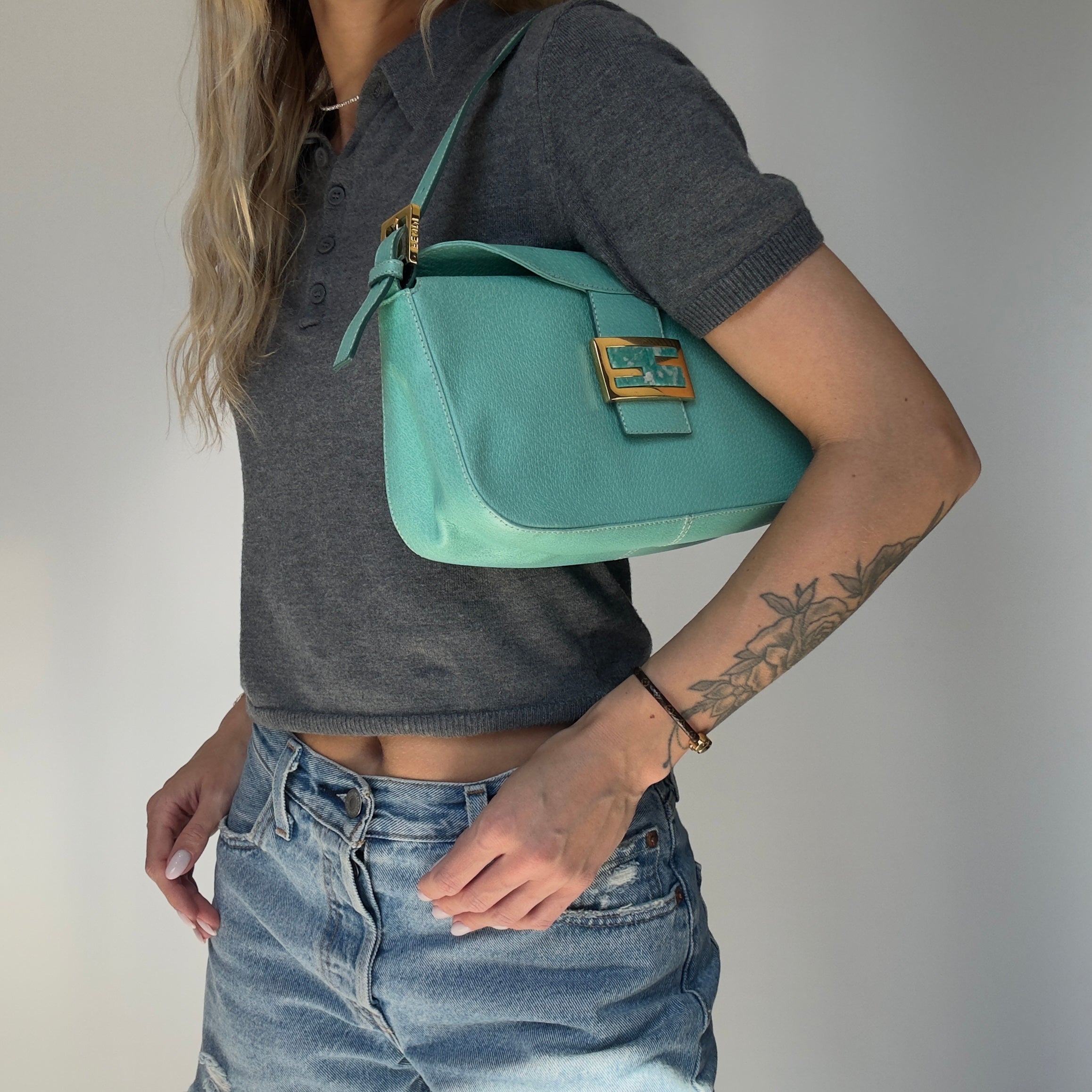 Fendi Turquoise Blue Baguette Top Handle Bag - Queen May