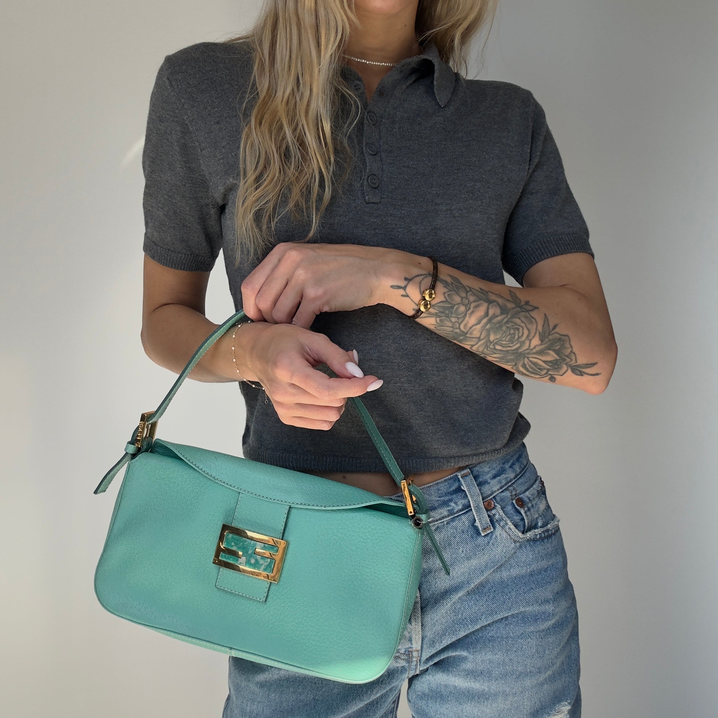 Fendi Turquoise Blue Baguette Top Handle Bag - Queen May