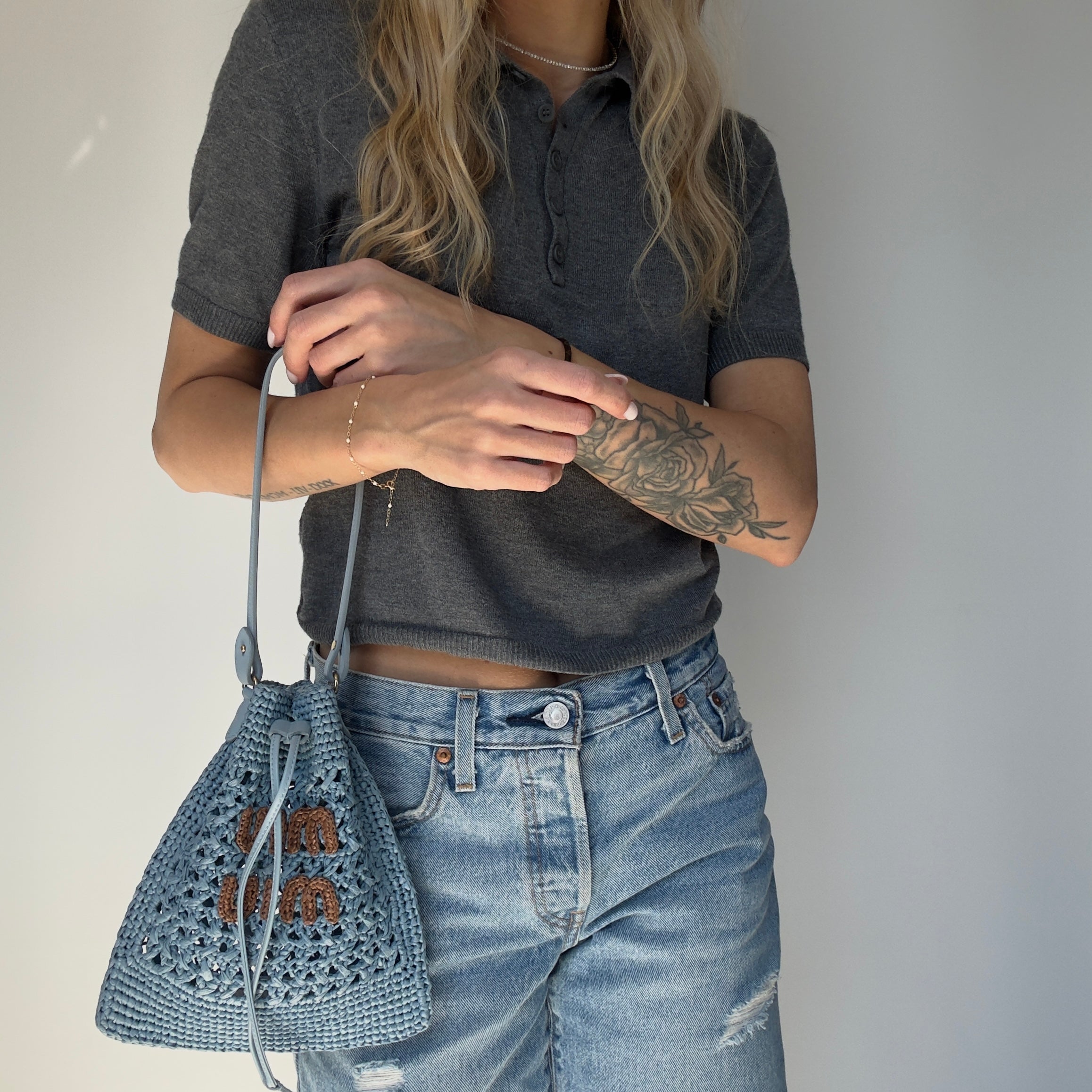 Miu Miu Light Blue Raffia Bucket Bag Mini - Queen May