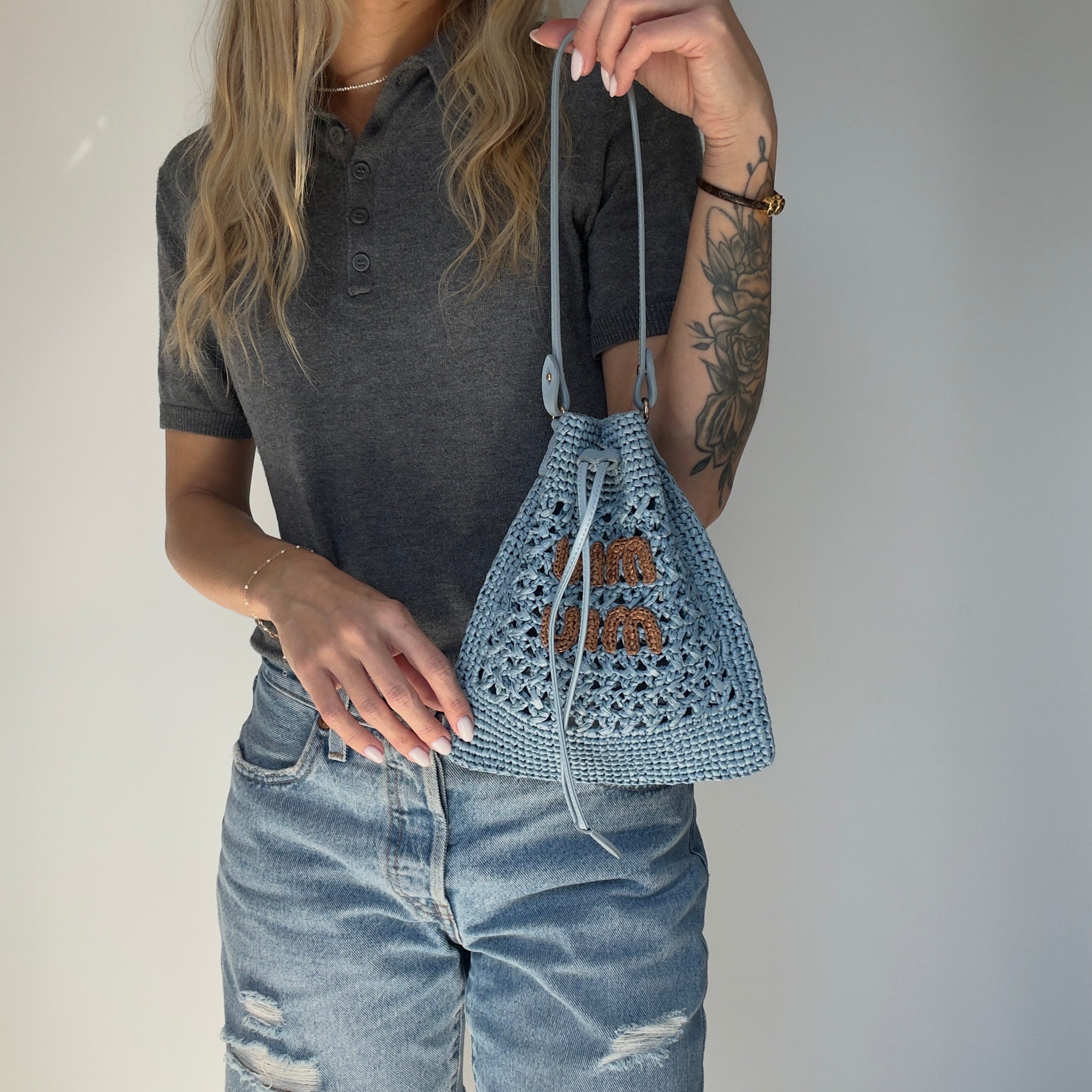 Miu Miu Light Blue Raffia Bucket Bag Mini - Queen May