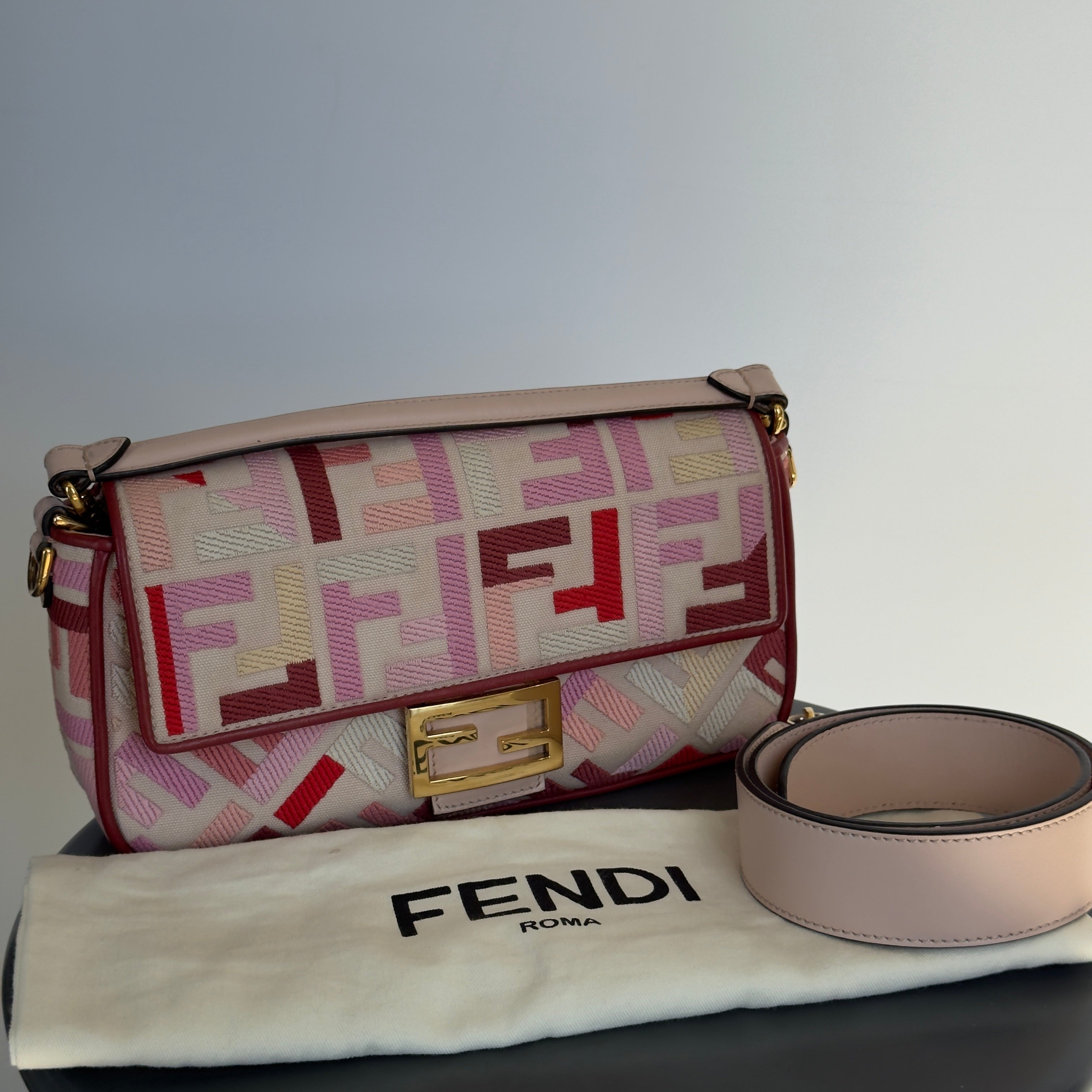 Fendi Canvas Vitello King FF Embroidered Baguette Rosa Quartzo/Bloody Mary Multicolor - Queen May