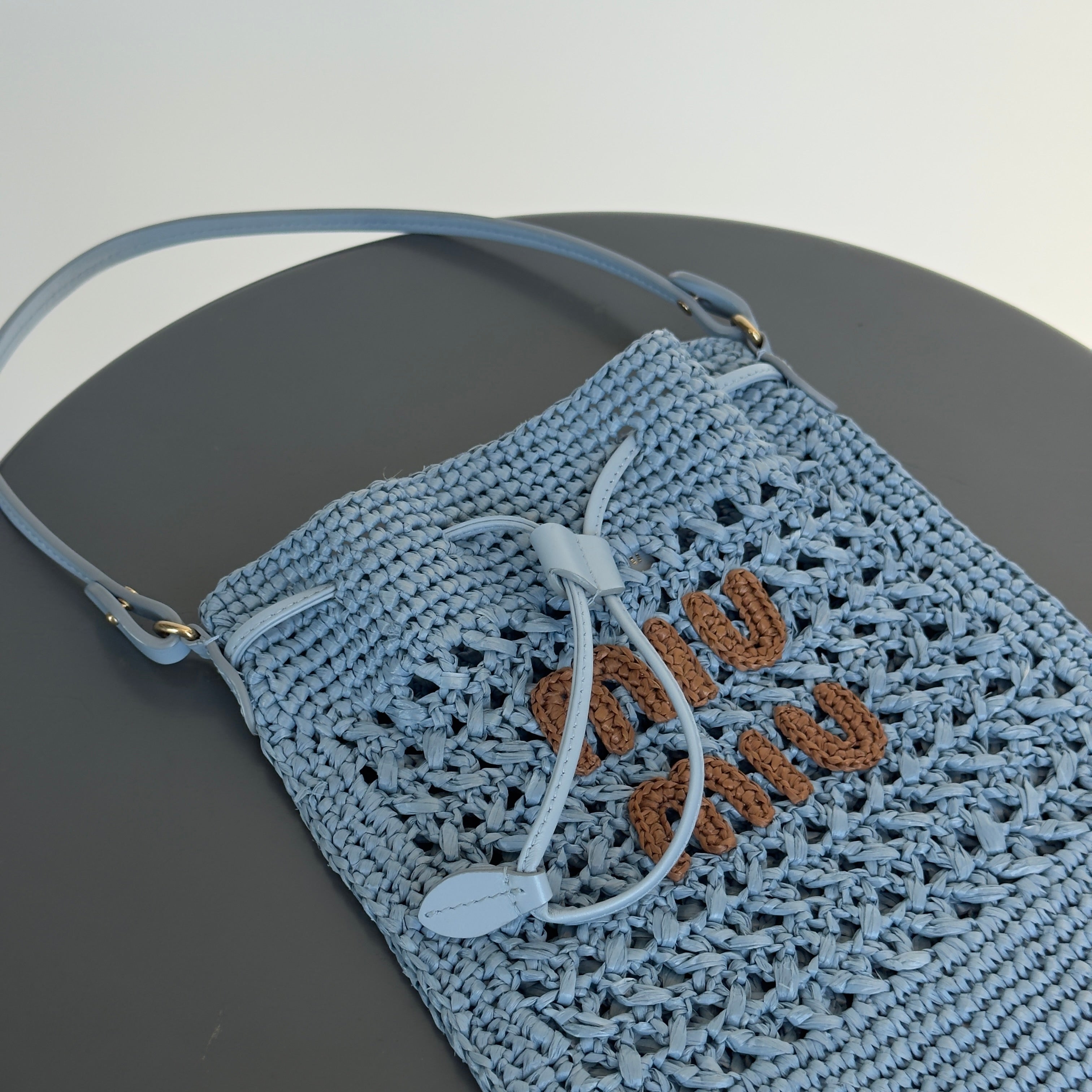 Miu Miu Light Blue Raffia Bucket Bag Mini - Queen May