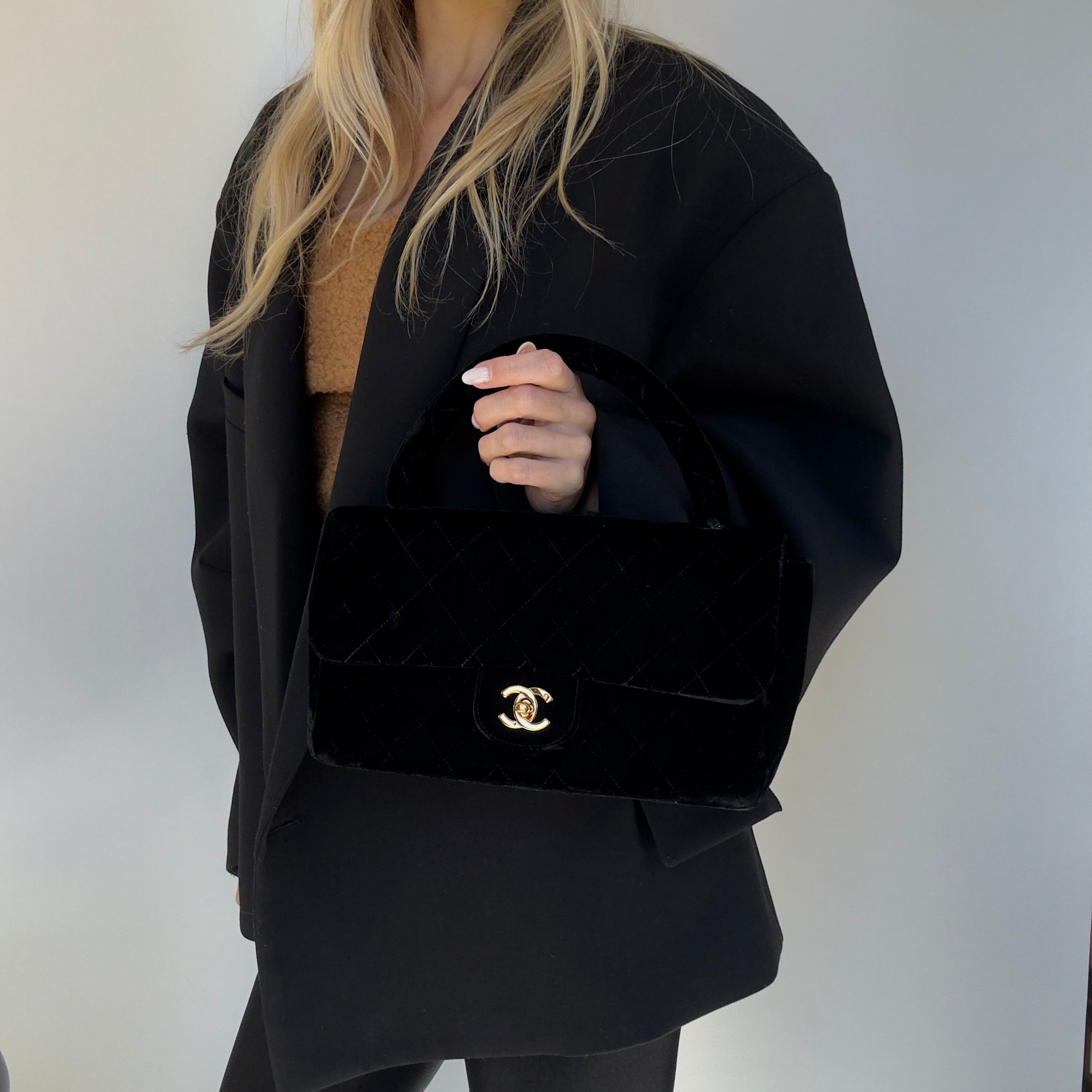 Chanel Black Quilted Velvet Medium Top Handle Bag - Queen May