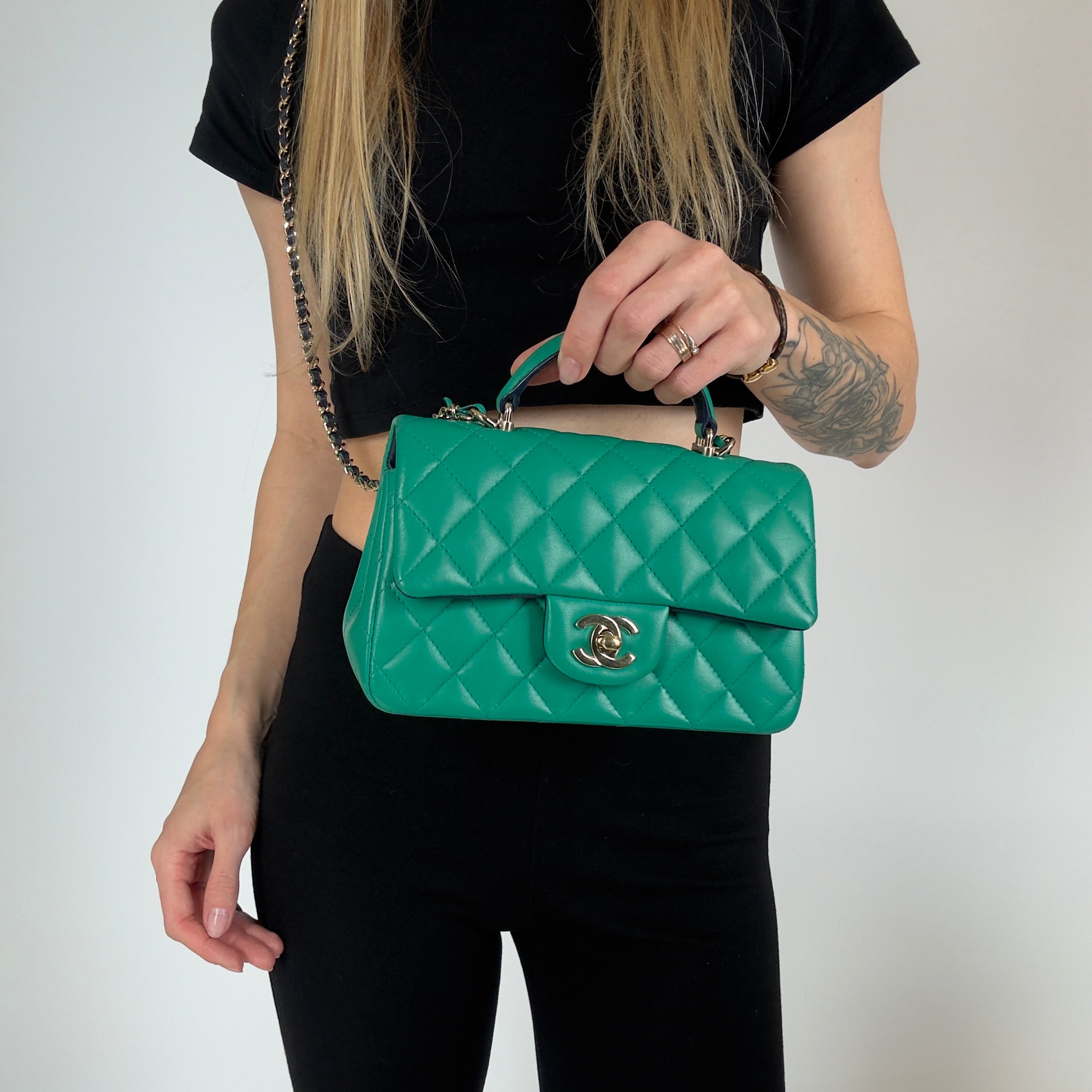 Chanel Rectangular Mini Top Handle Flap Bag Green - Queen May