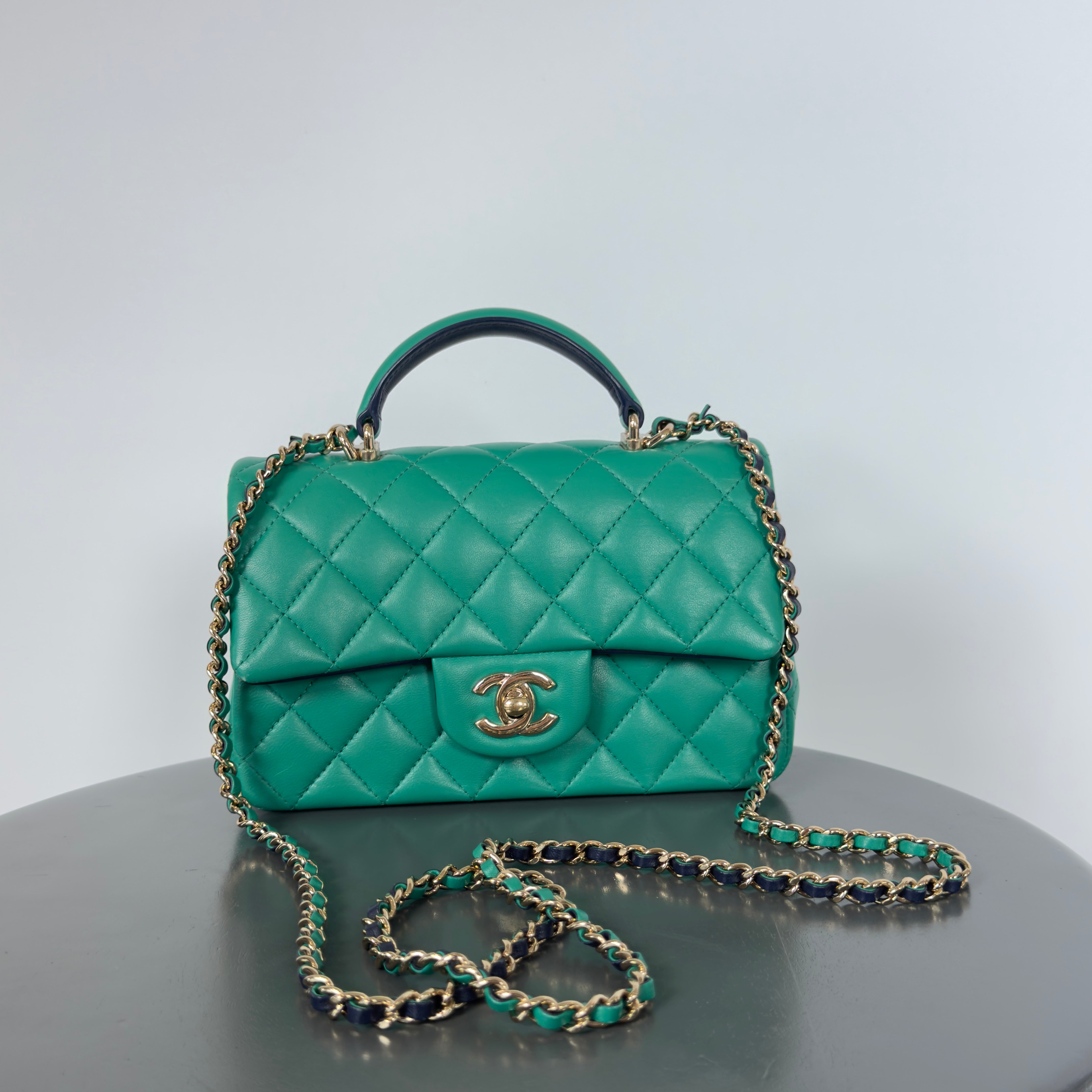 Chanel Rectangular Mini Top Handle Flap Bag Green - Queen May