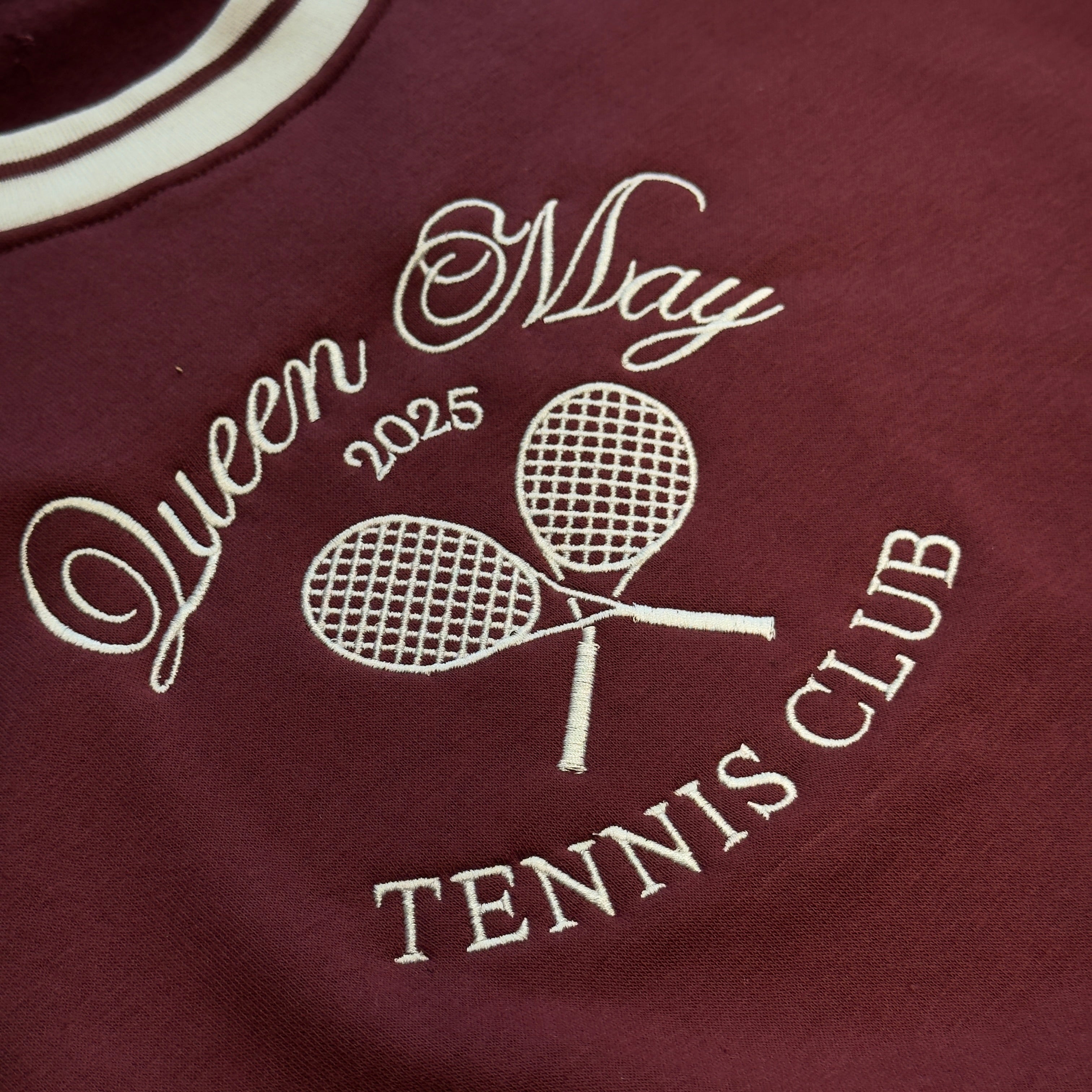 Queen May Tennis Club Embroidered Ribbed Hem Burgundy Sweatshirt - Queen May