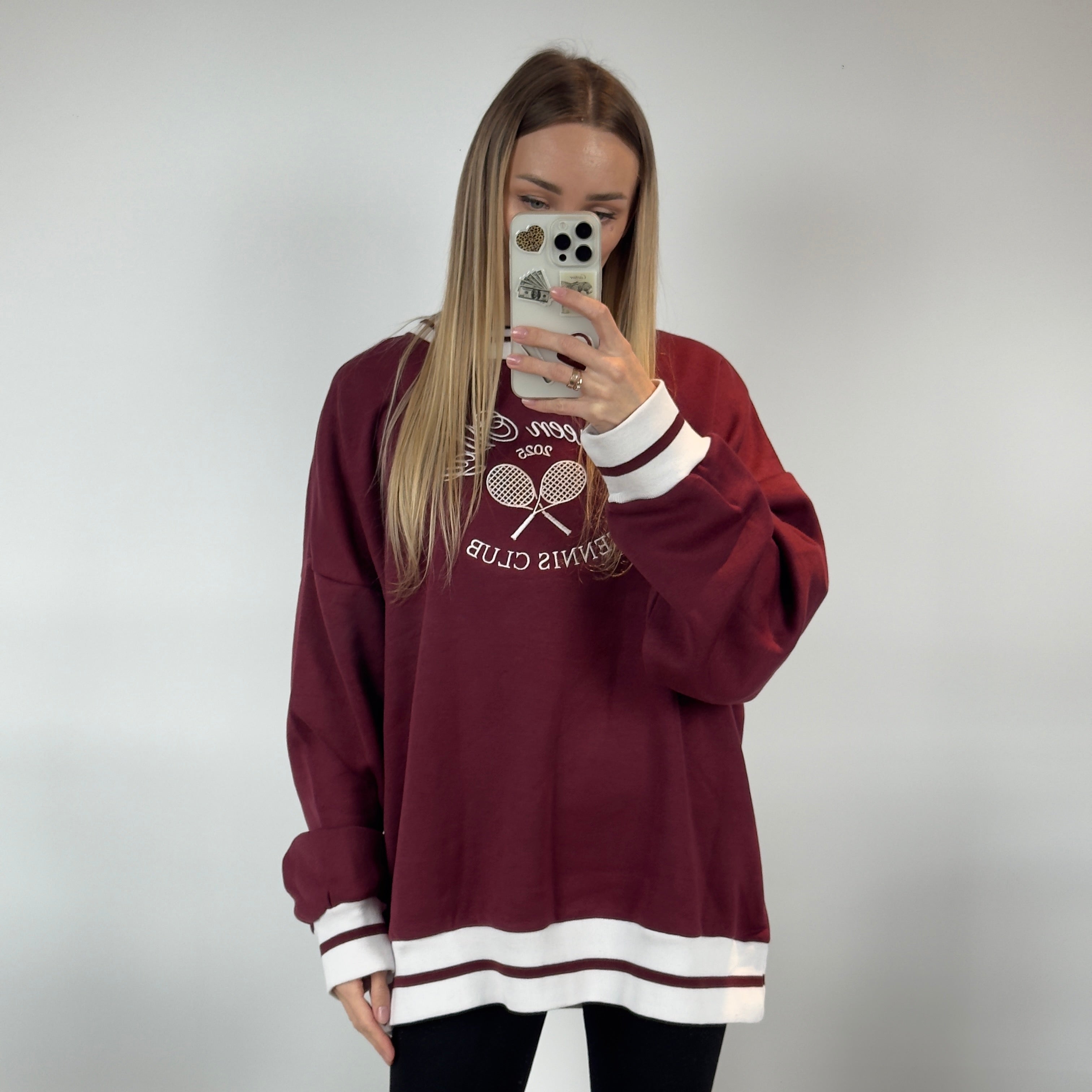 Queen May Tennis Club Embroidered Ribbed Hem Burgundy Sweatshirt - Queen May