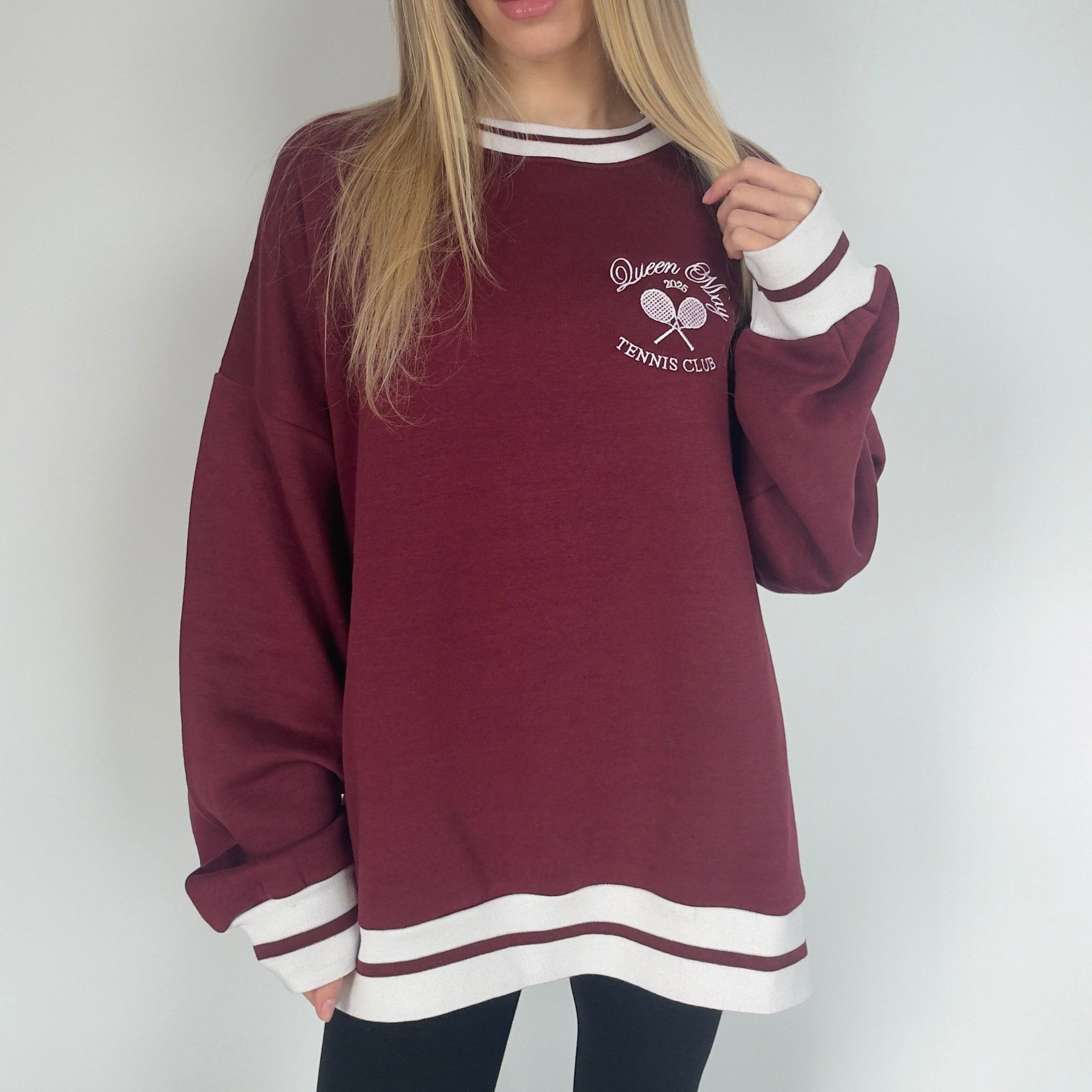 Queen May Tennis Club Pocket Embroidered Ribbed Hem Burgundy Sweatshirt - Queen May