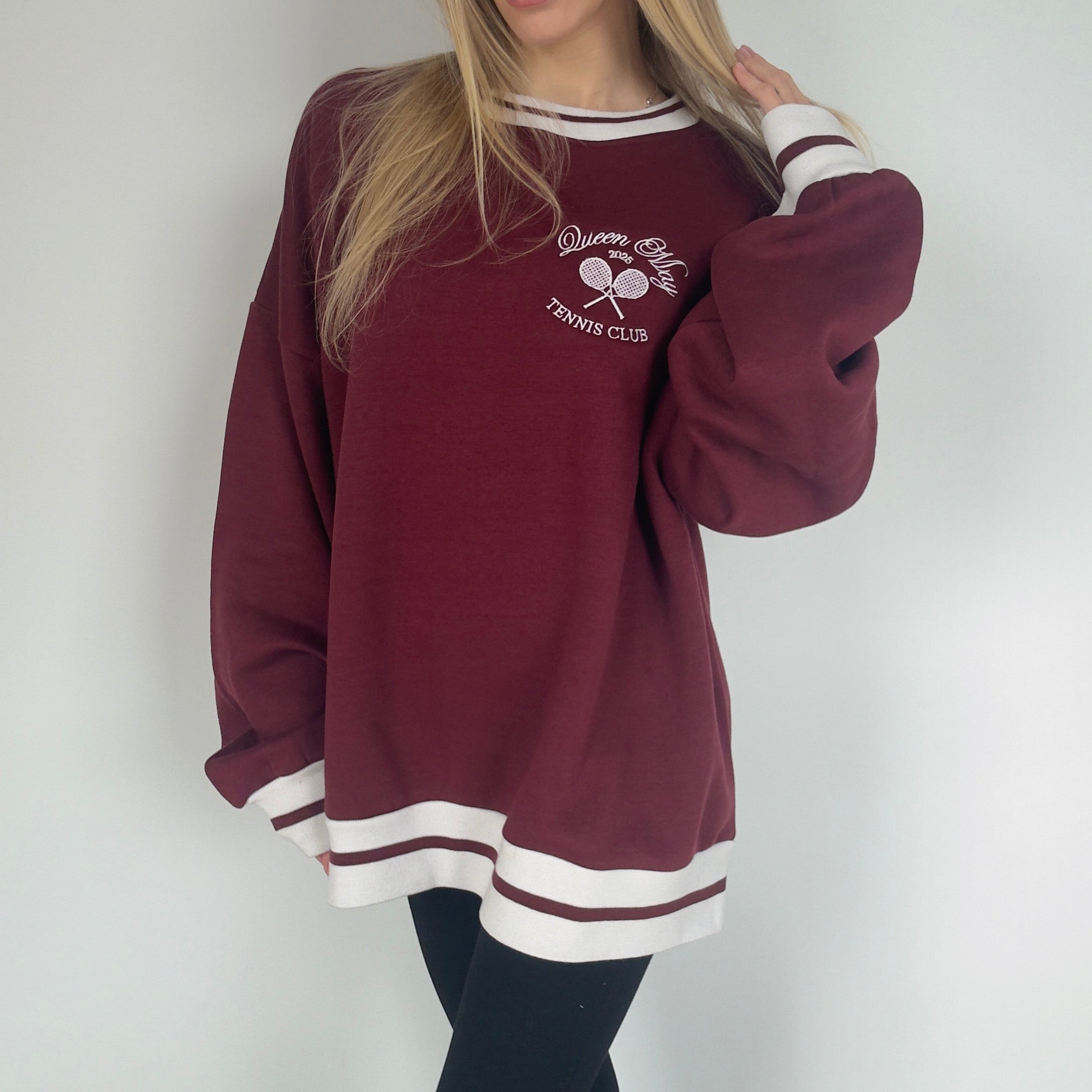 Queen May Tennis Club Pocket Embroidered Ribbed Hem Burgundy Sweatshirt - Queen May