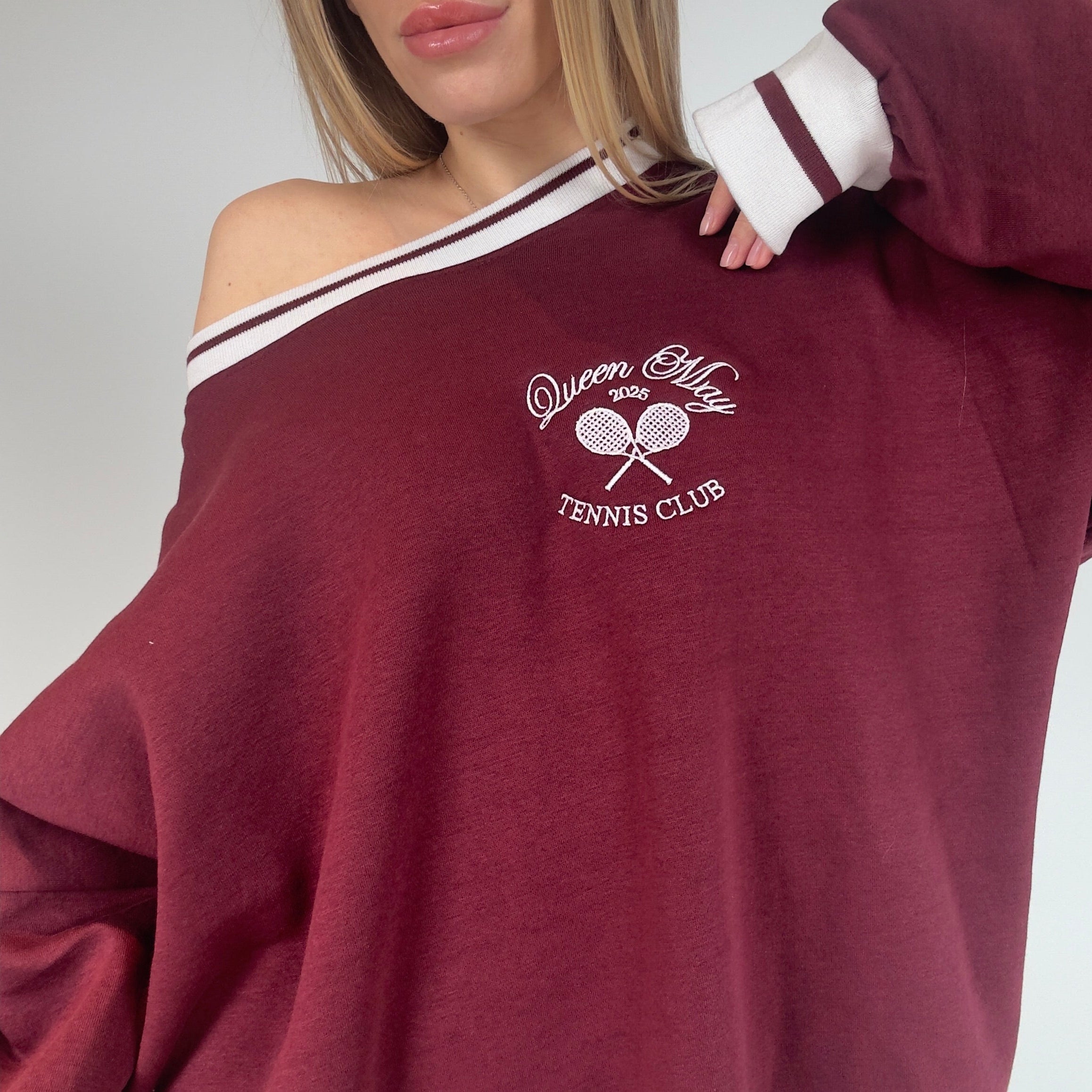 Queen May Tennis Club Pocket Embroidered Ribbed Hem Burgundy Sweatshirt - Queen May
