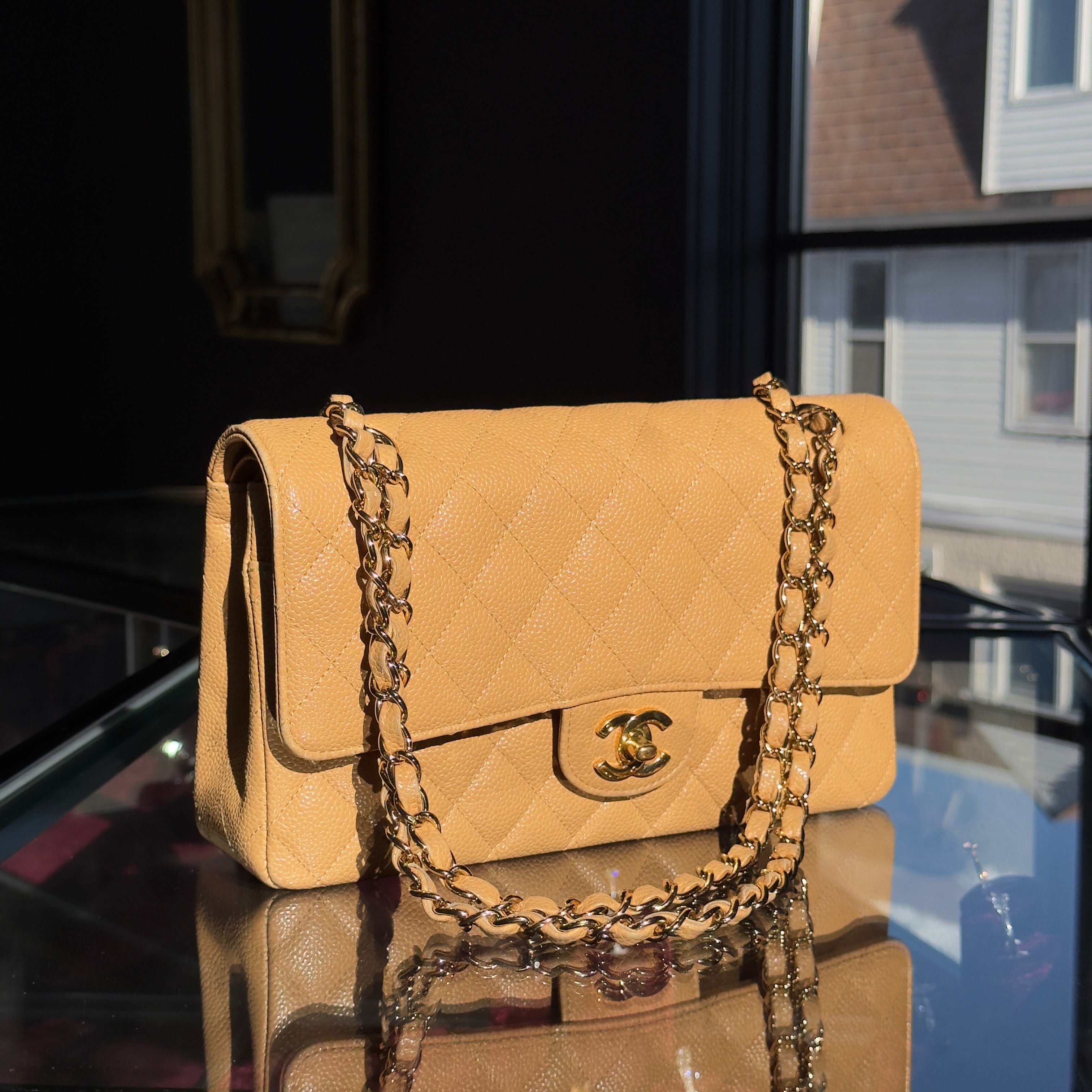 Chanel Vintage Camel Beige Quilted Caviar Medium Double Flap Gold Hardware 2005-2006 - Queen May