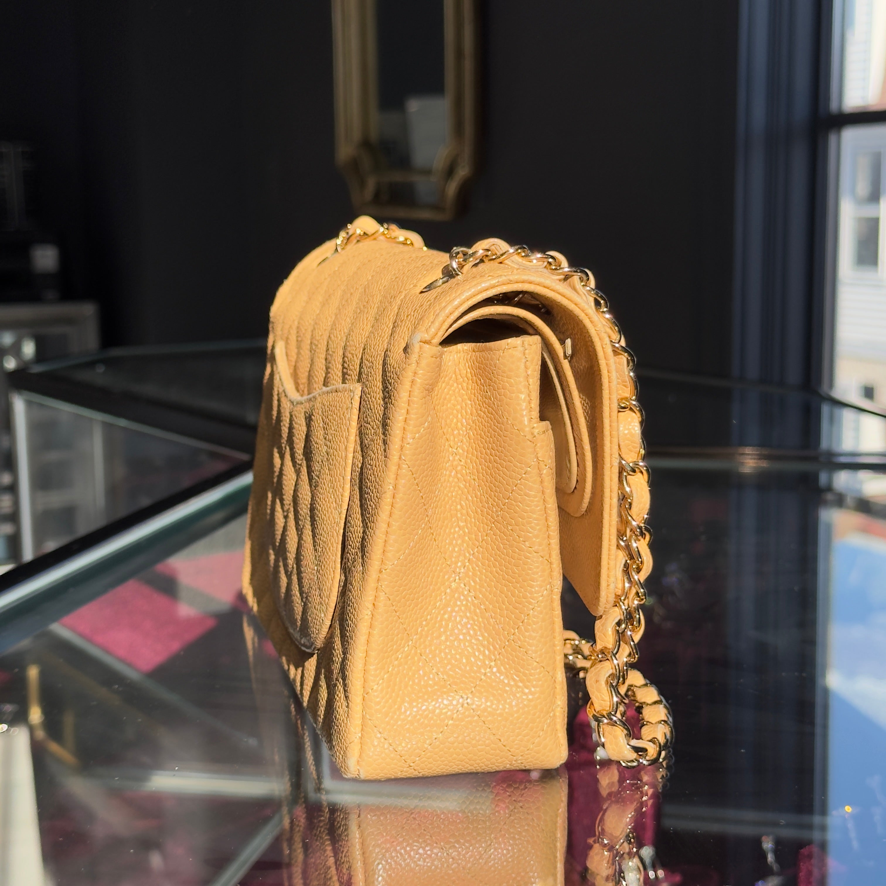 Chanel Vintage Camel Beige Quilted Caviar Medium Double Flap Gold Hardware 2005-2006 - Queen May