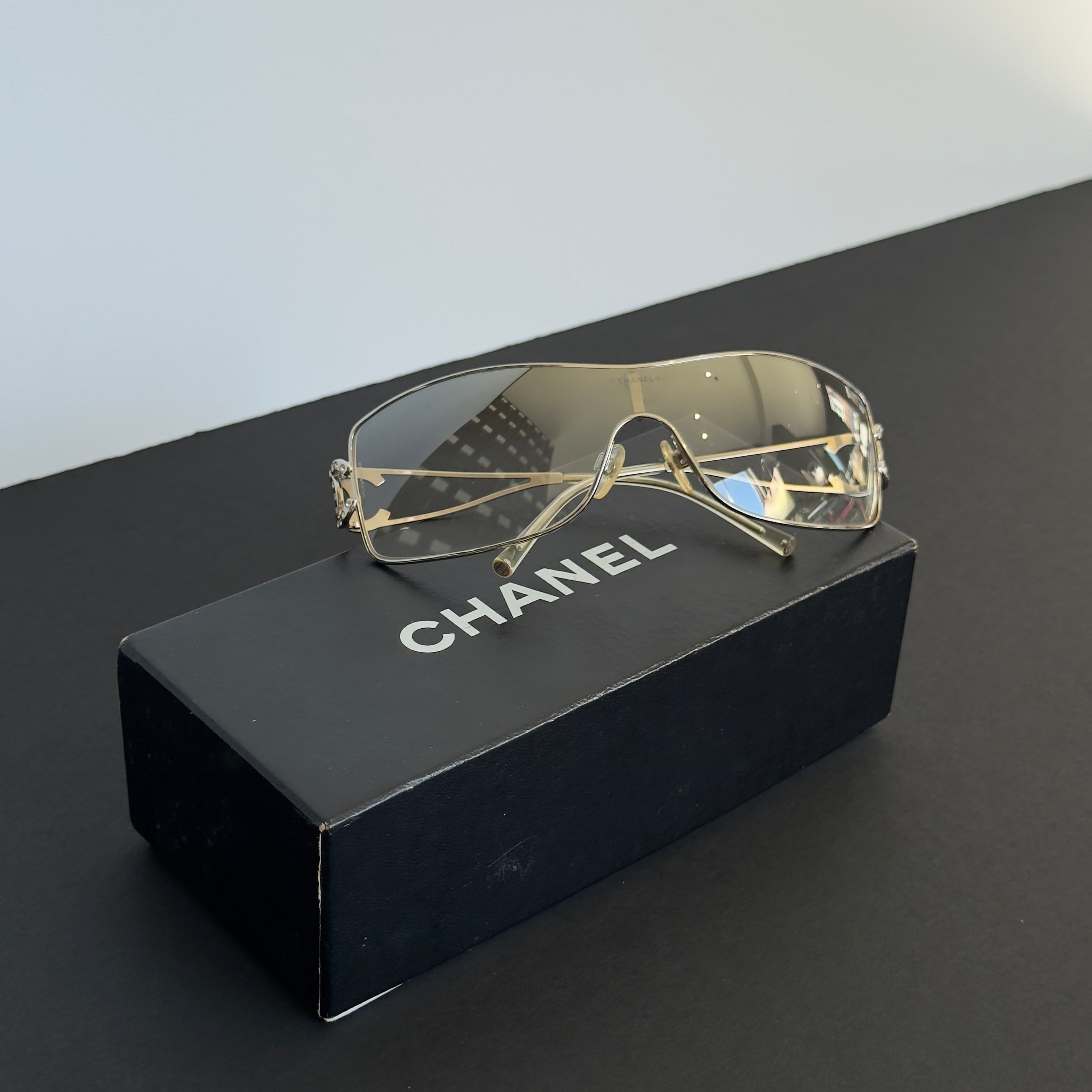 Chanel 2000s Swarowski CC Logo Shield Sunglasses - Queen May