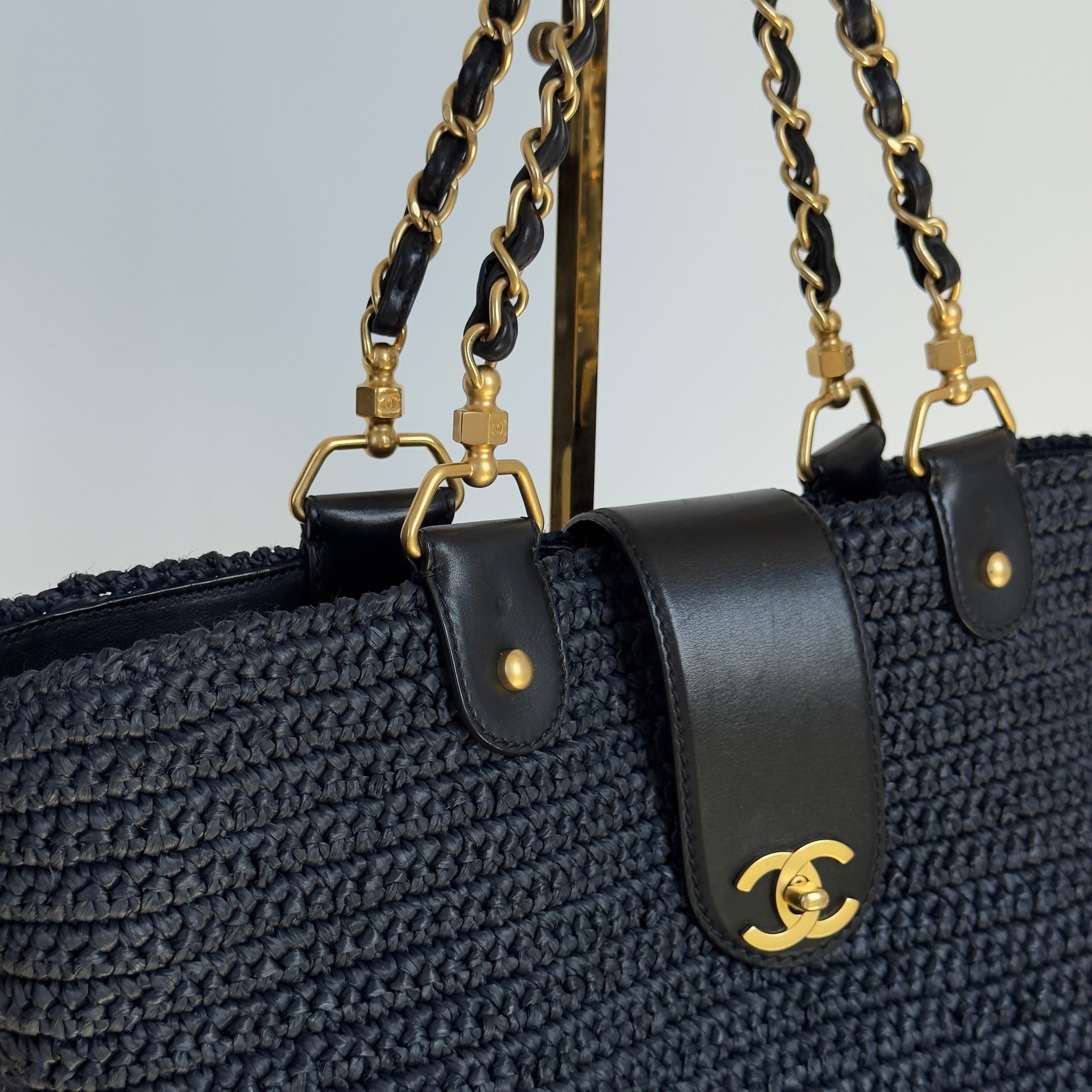 Chanel Woven Raffia Tote Bag Navy - Queen May
