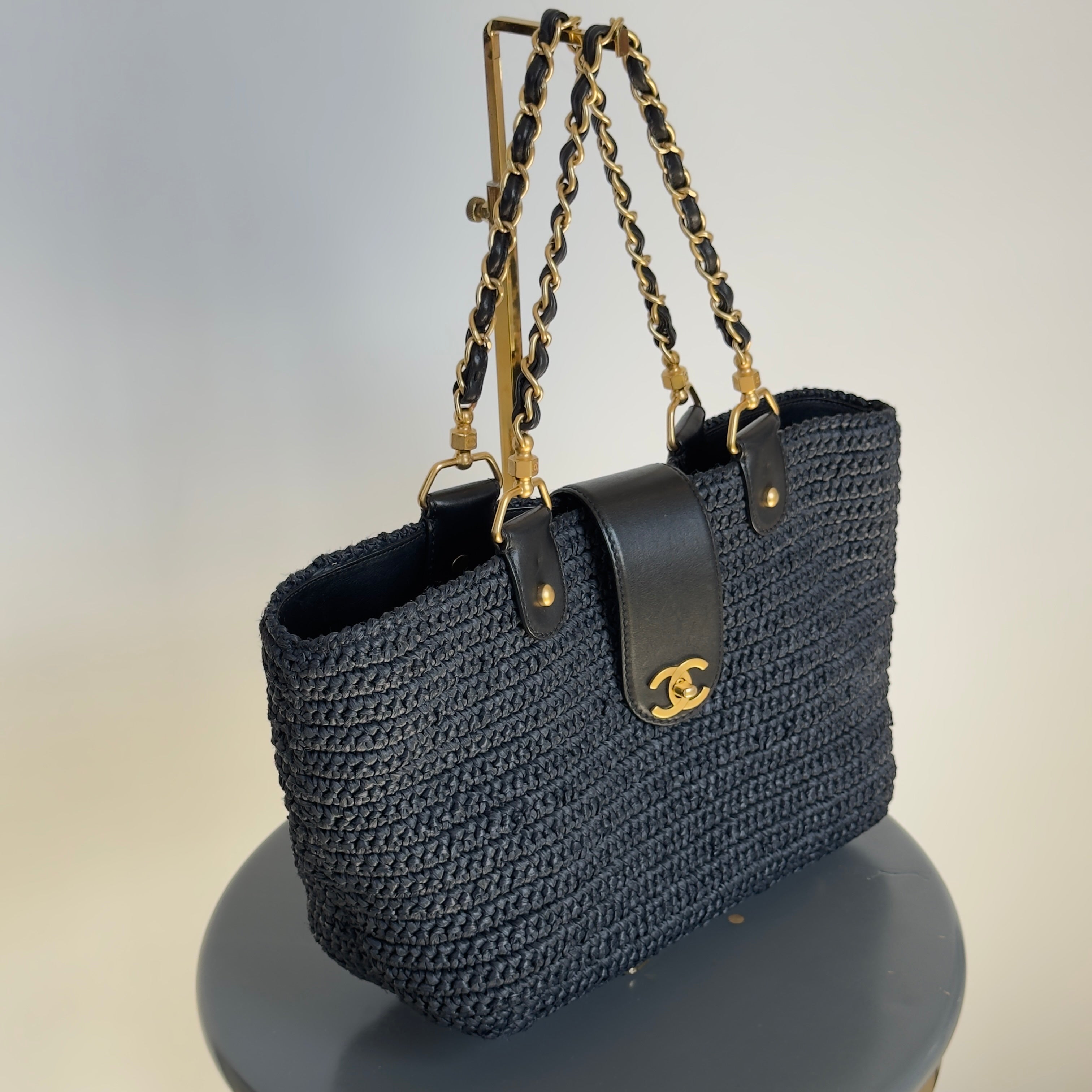 Chanel Woven Raffia Tote Bag Navy - Queen May