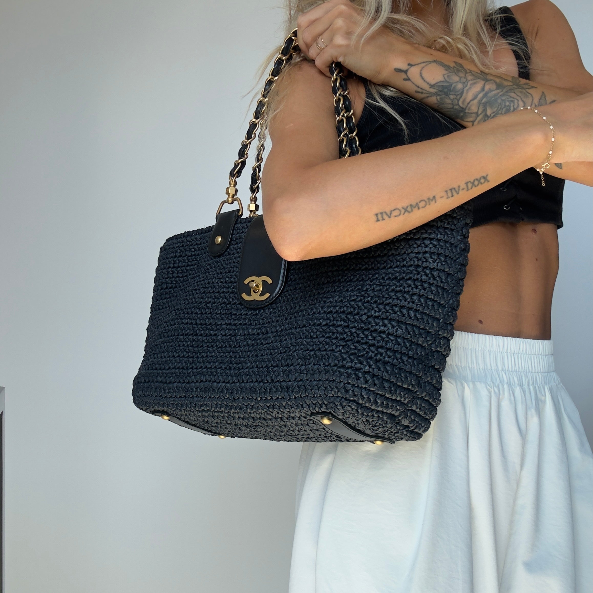 Chanel Woven Raffia Tote Bag Navy - Queen May