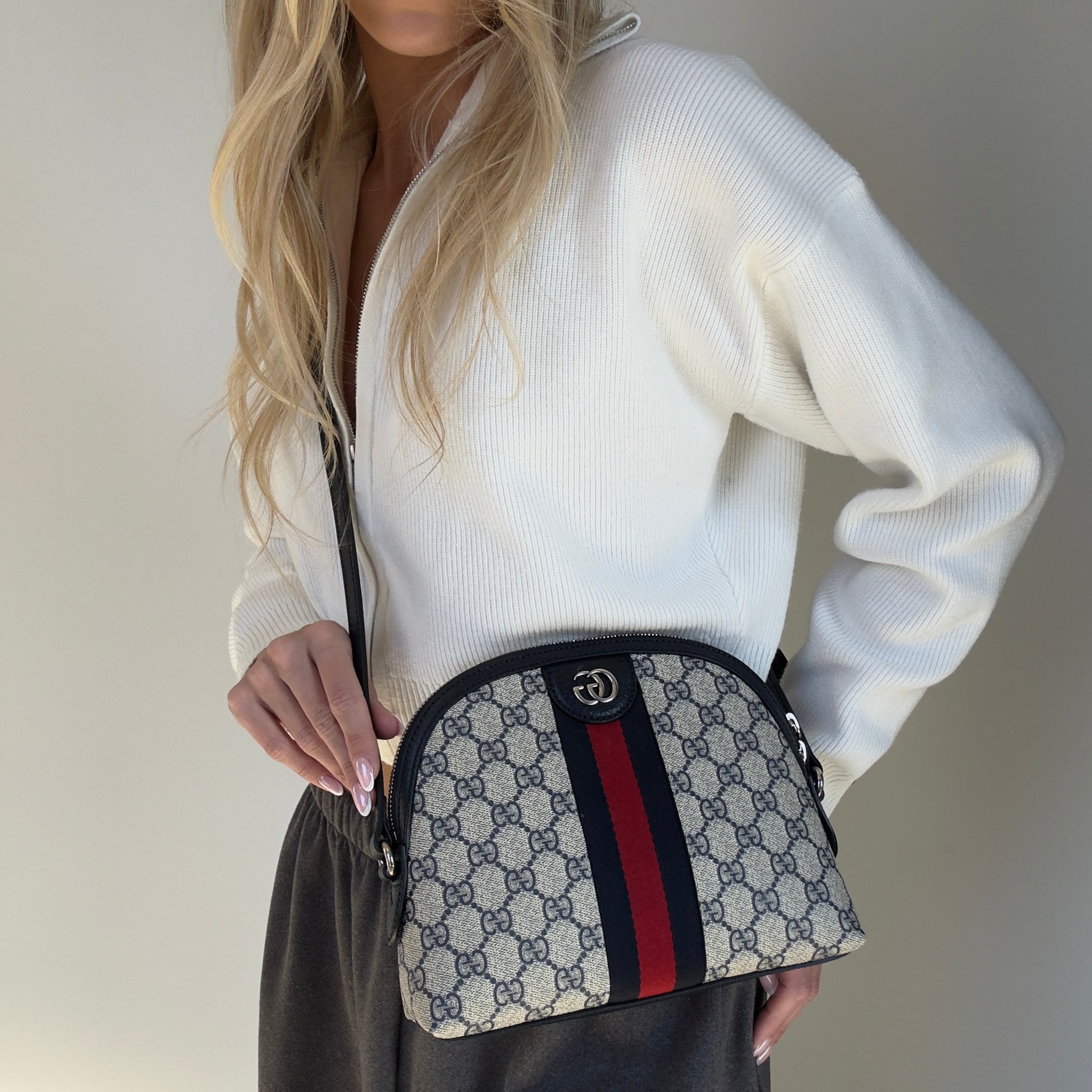 Gucci GG Supreme Monogram Dollar Ophidia Dome Bag Navy - Queen May