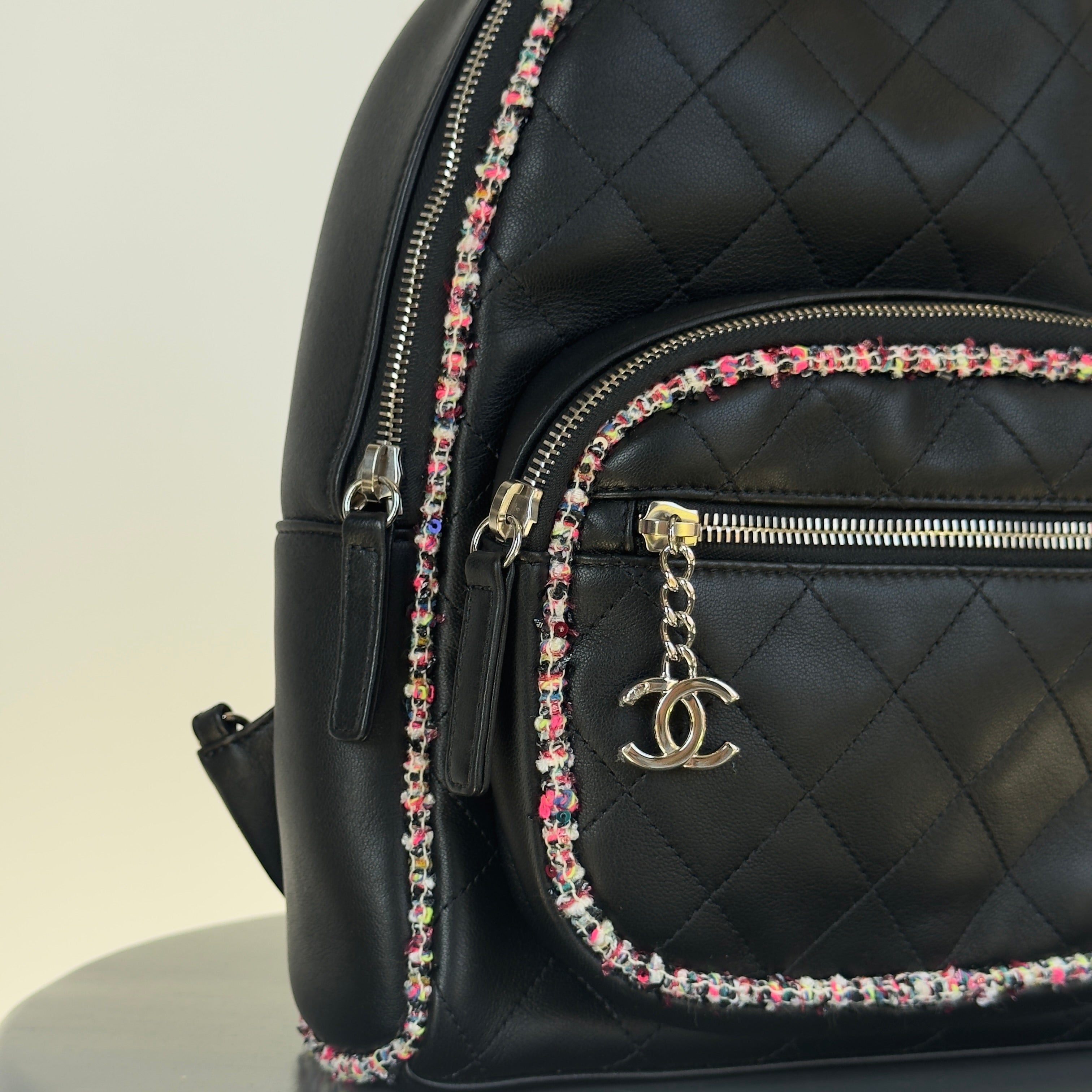 Chanel Elegant Trim Backpack Quilted Leather With Tweed Small - Queen May