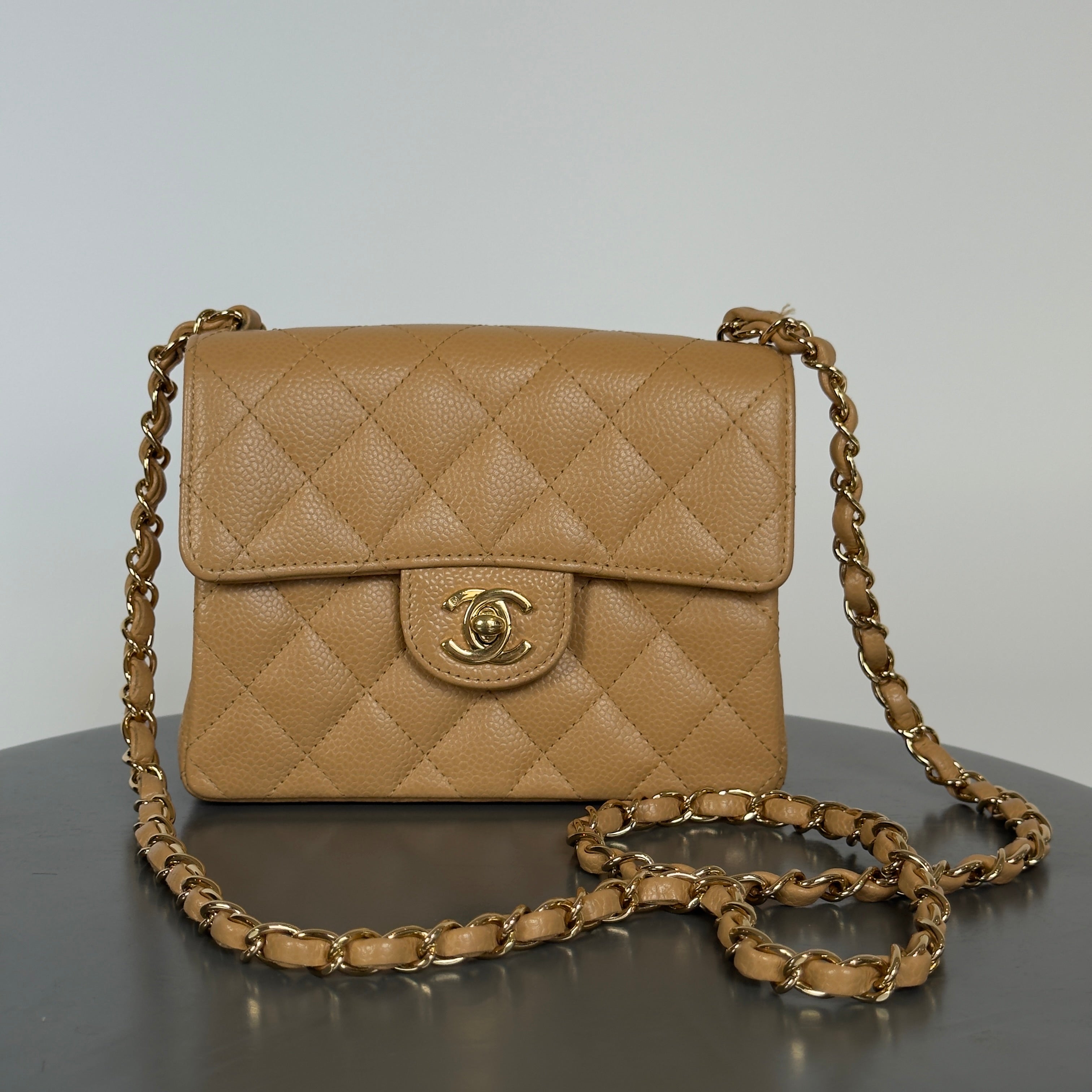 Chanel Vintage Camel Beige Quilted Caviar Mini Square Classic Single Flap Gold Hardware - Queen May