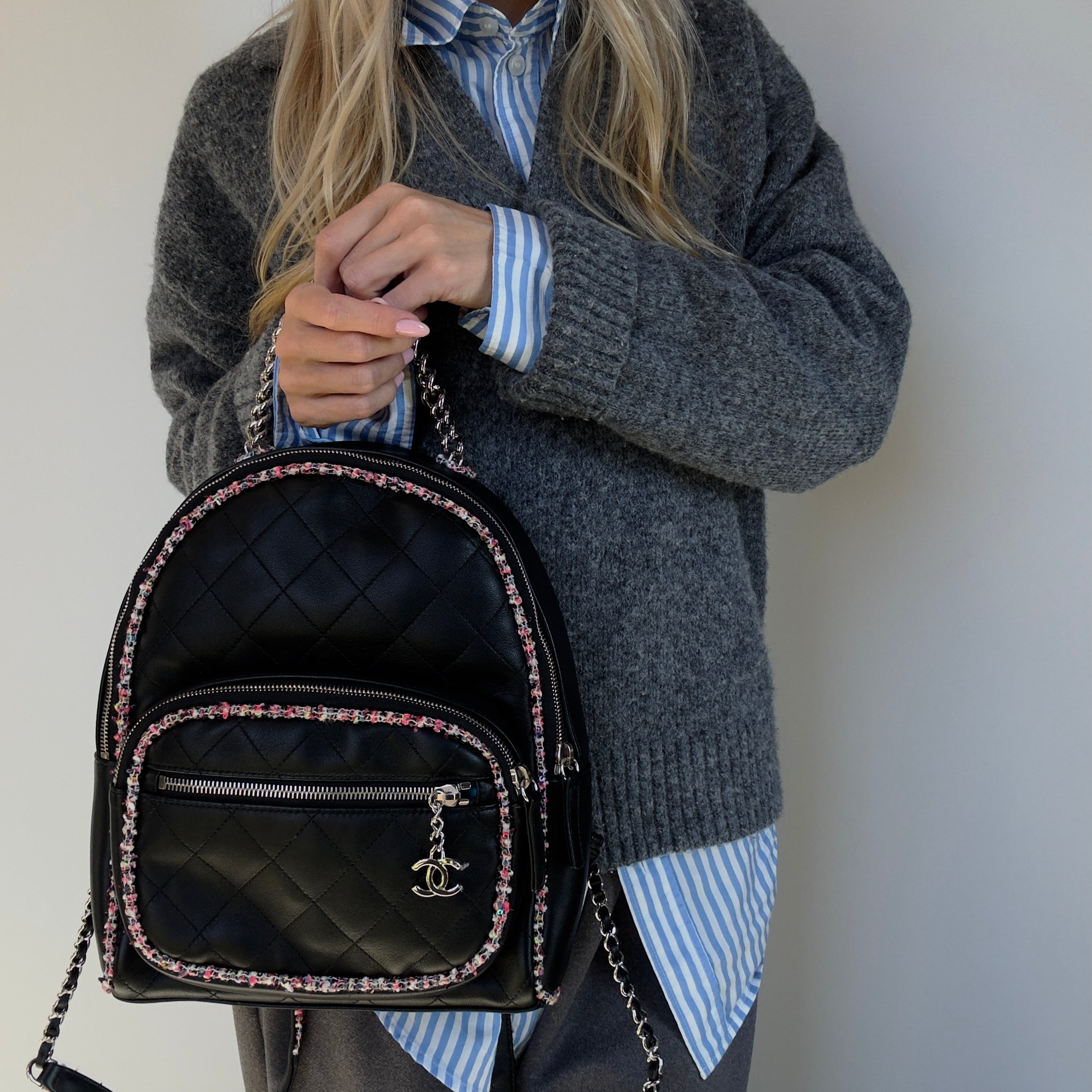 Chanel Elegant Trim Backpack Quilted Leather With Tweed Small - Queen May