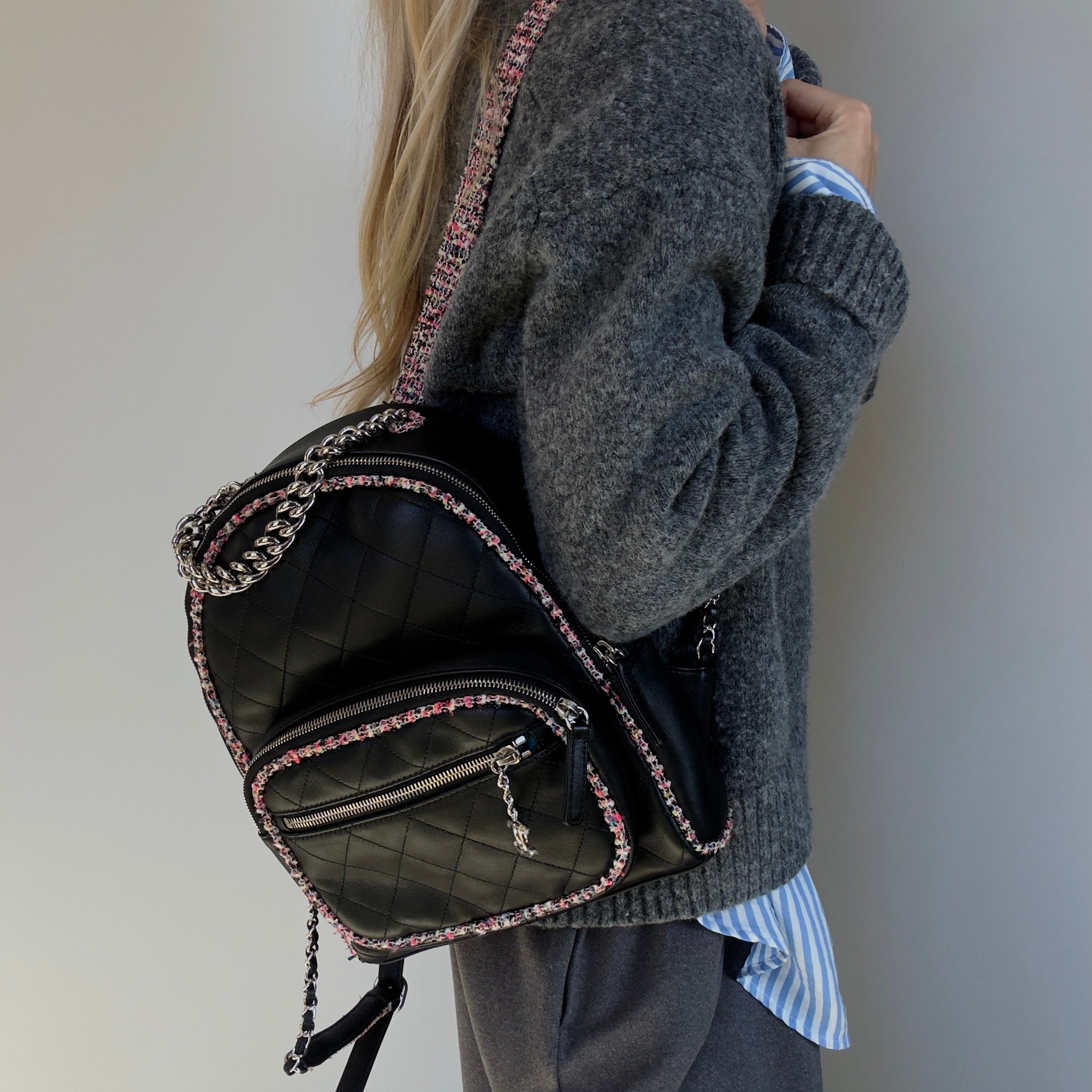 Chanel Elegant Trim Backpack Quilted Leather With Tweed Small - Queen May