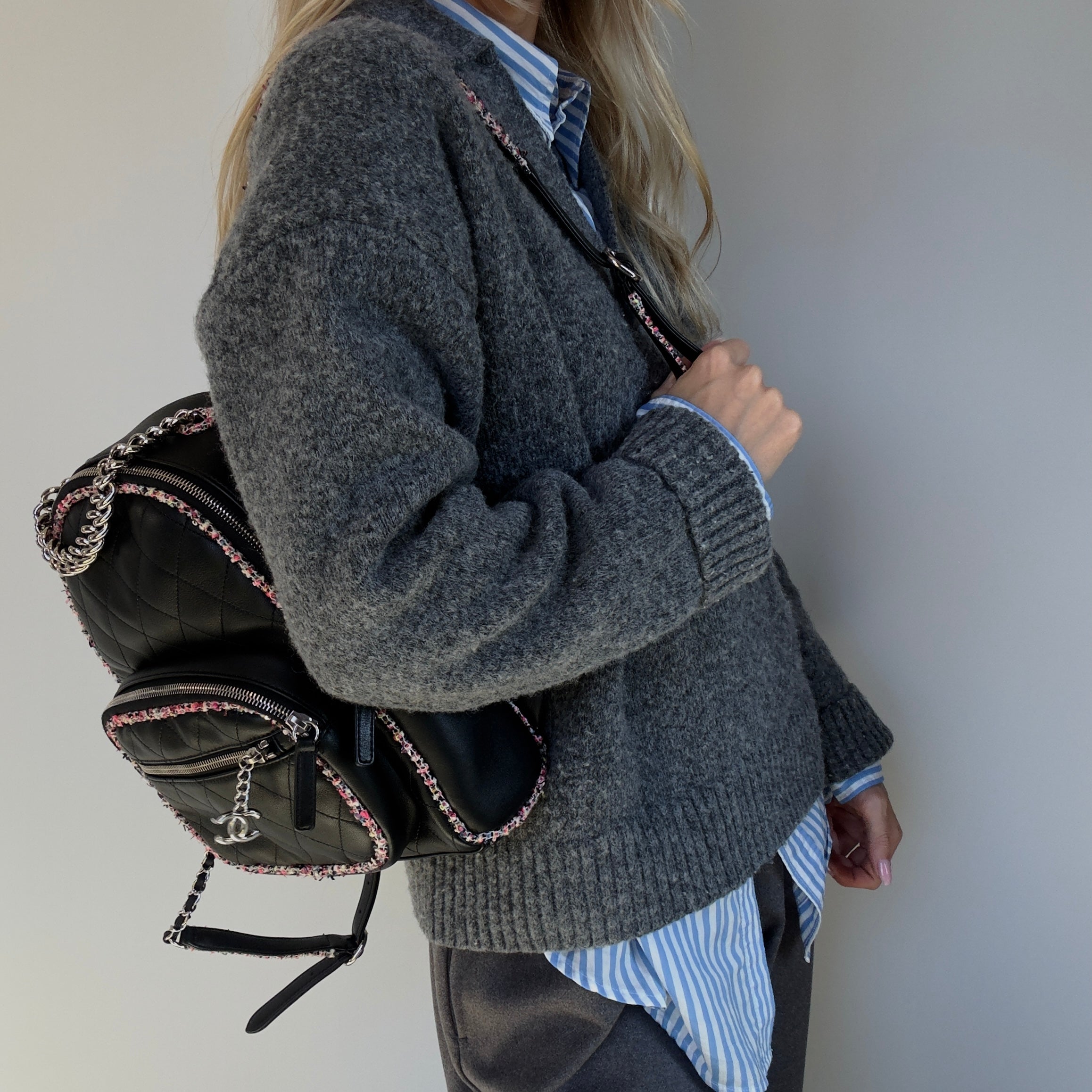 Chanel Elegant Trim Backpack Quilted Leather With Tweed Small - Queen May