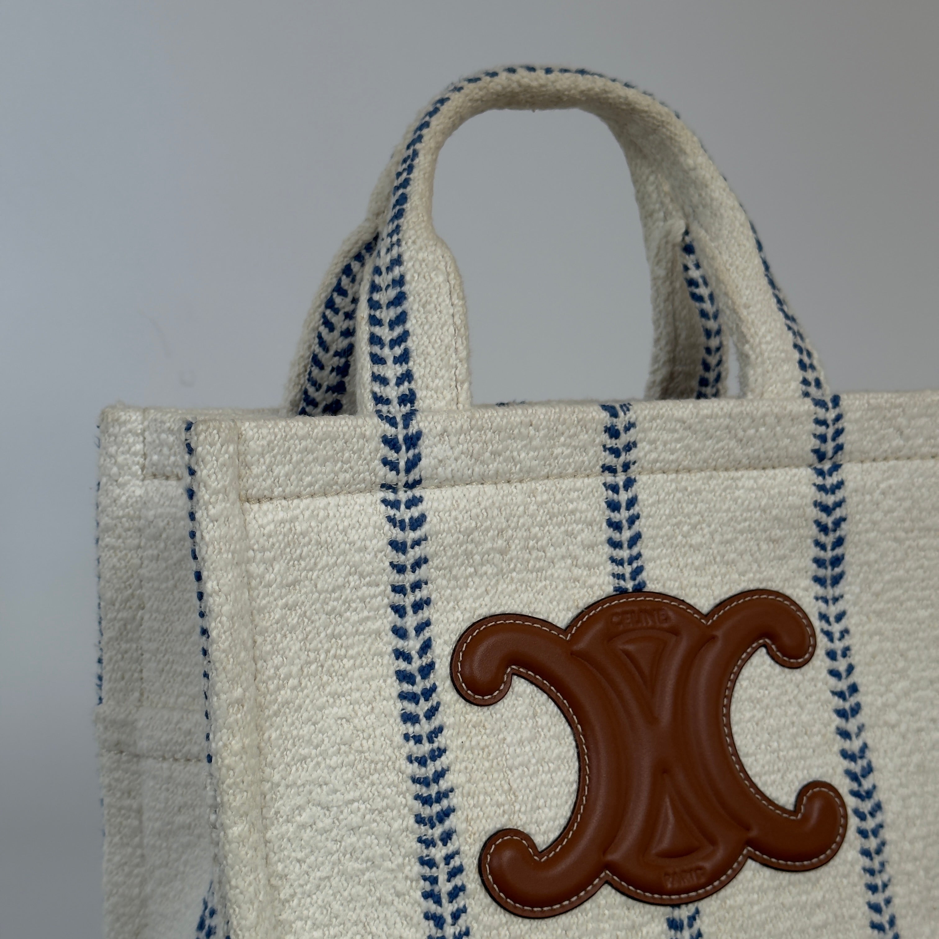 Celine Canvas Calfskin Stripe Triomphe Small Cabas White Blue - Queen May