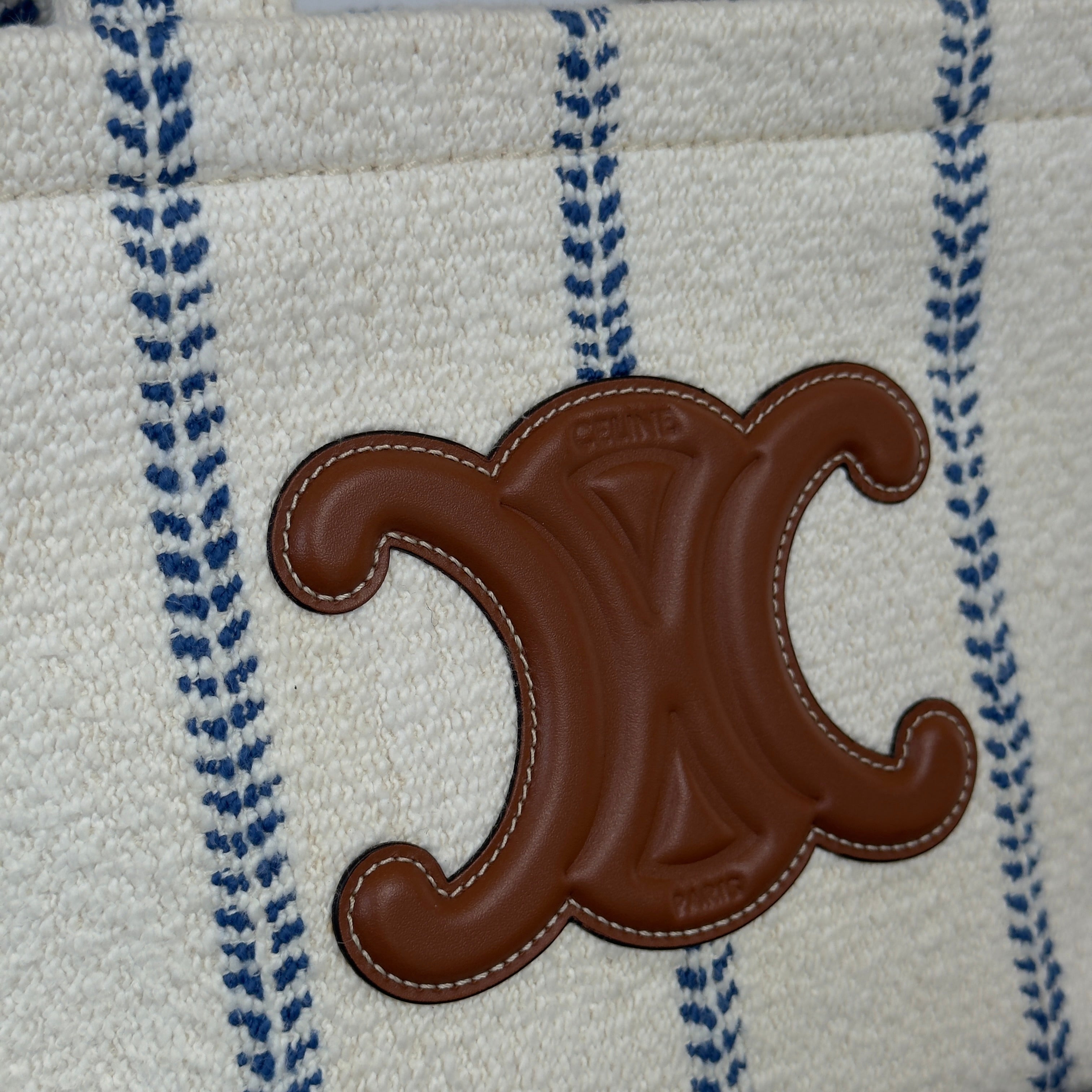 Celine Canvas Calfskin Stripe Triomphe Small Cabas White Blue - Queen May