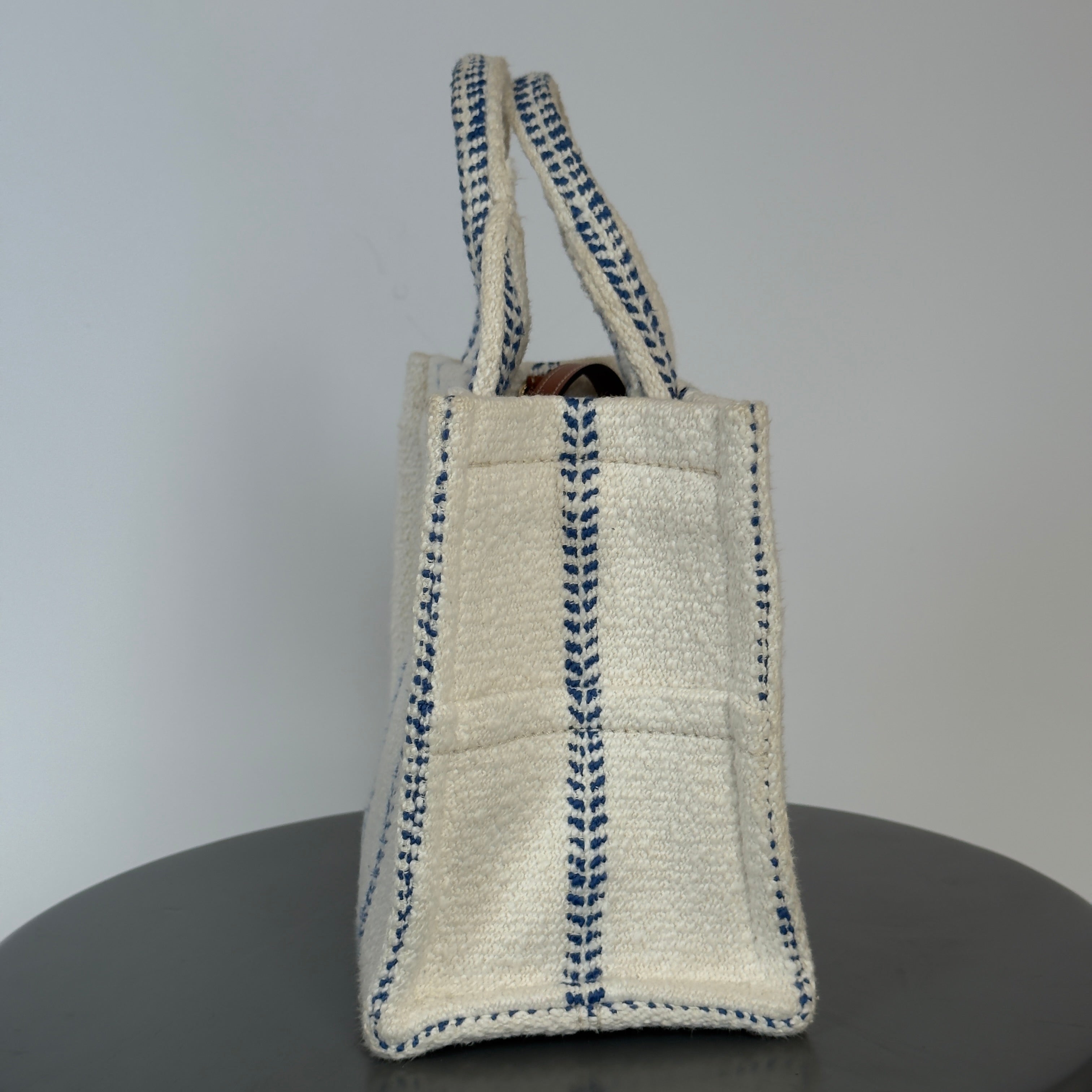 Celine Canvas Calfskin Stripe Triomphe Small Cabas White Blue - Queen May