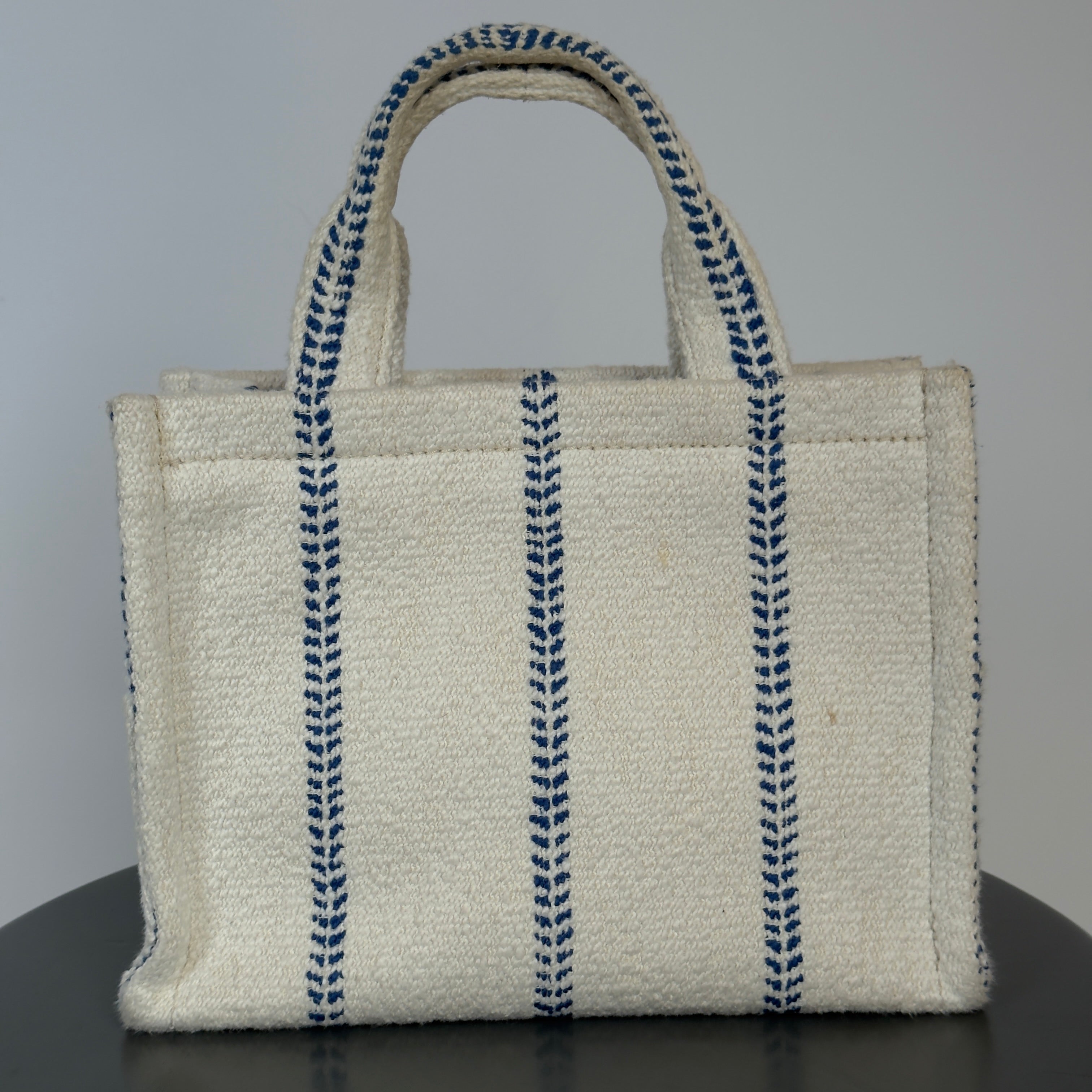 Celine Canvas Calfskin Stripe Triomphe Small Cabas White Blue - Queen May