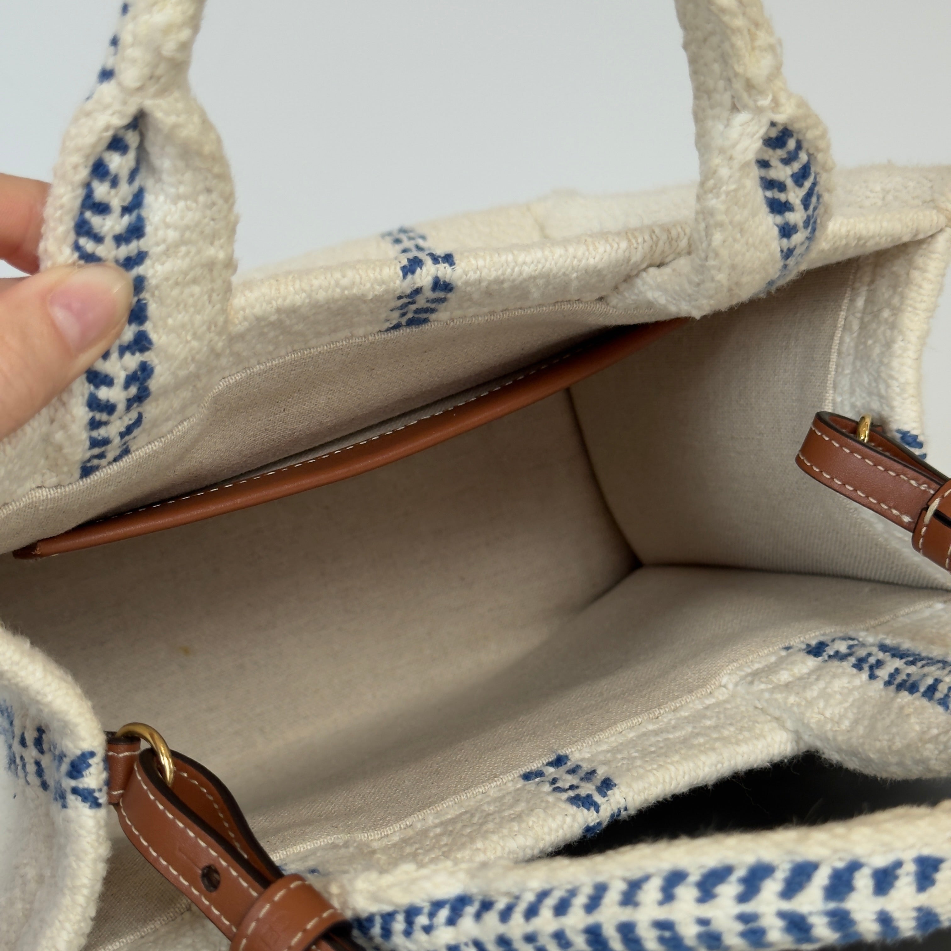 Celine Canvas Calfskin Stripe Triomphe Small Cabas White Blue - Queen May