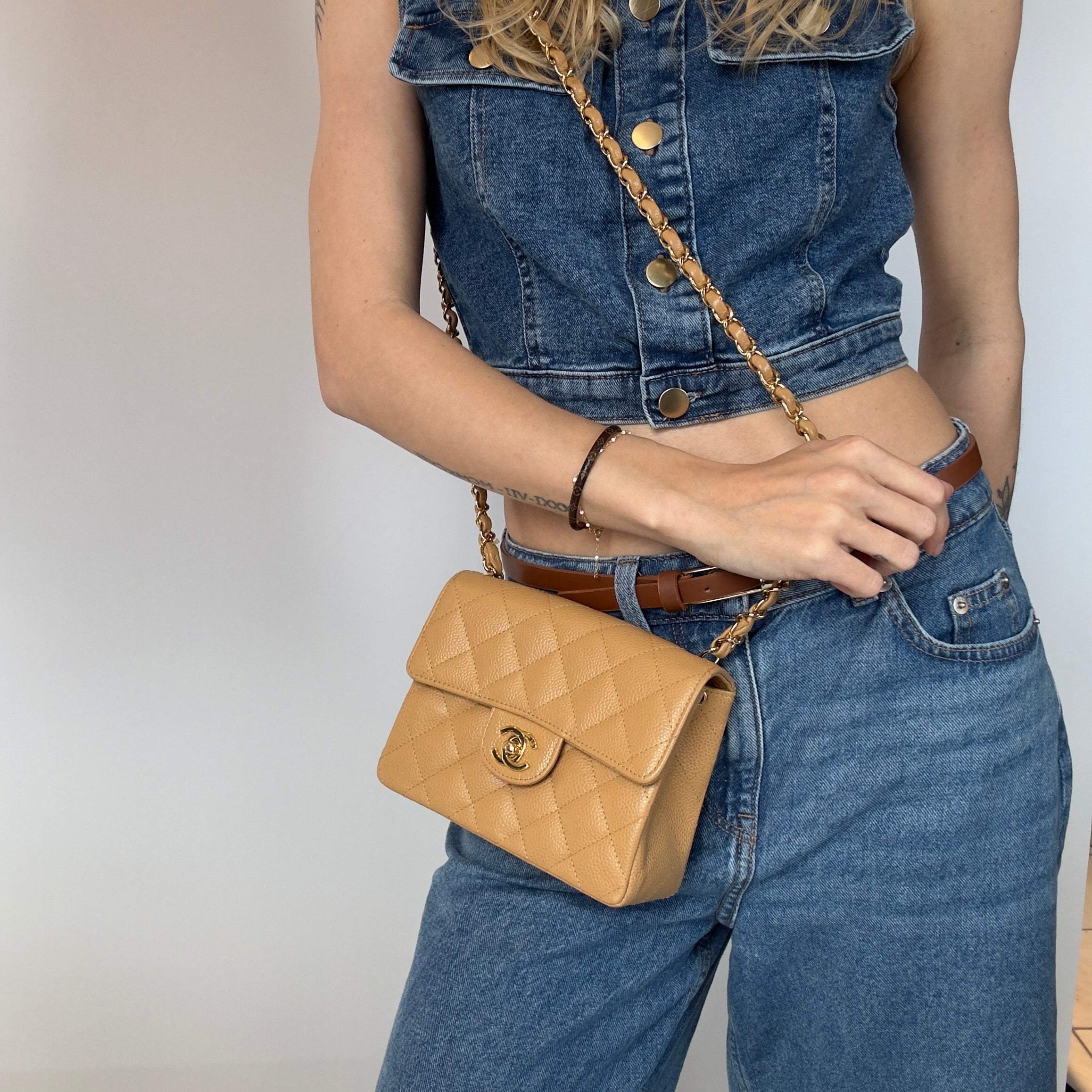 Chanel Vintage Camel Beige Quilted Caviar Mini Square Classic Single Flap Gold Hardware - Queen May