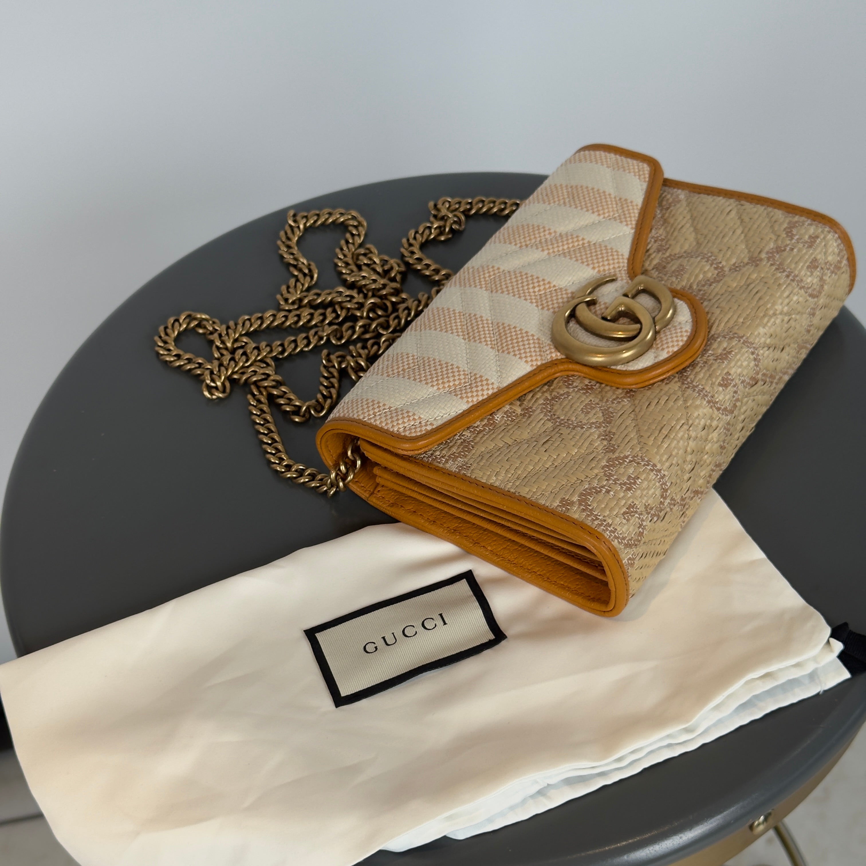 Gucci Marmont Raffia With Stripes Wallet On Chain - Queen May