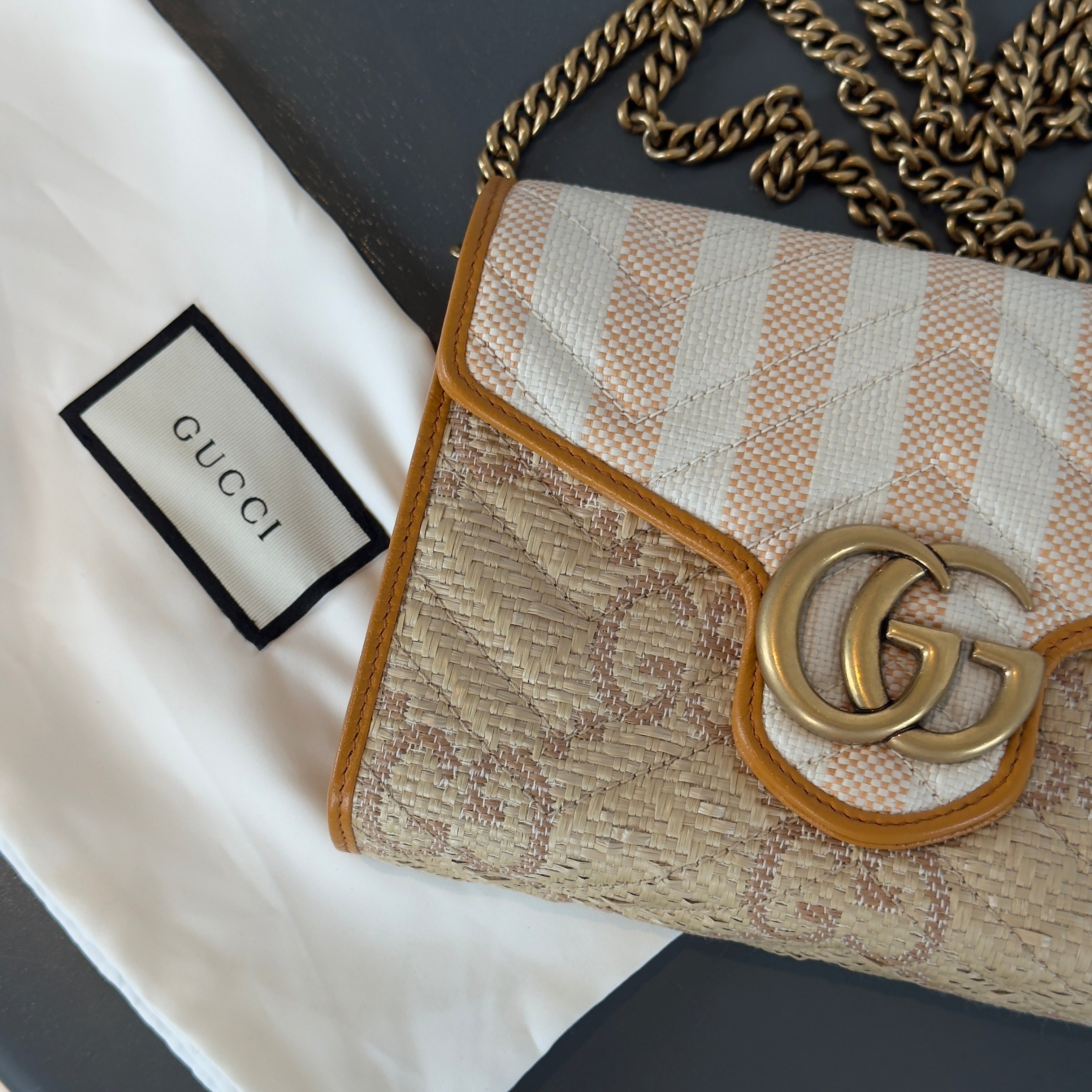 Gucci Marmont Raffia With Stripes Wallet On Chain - Queen May