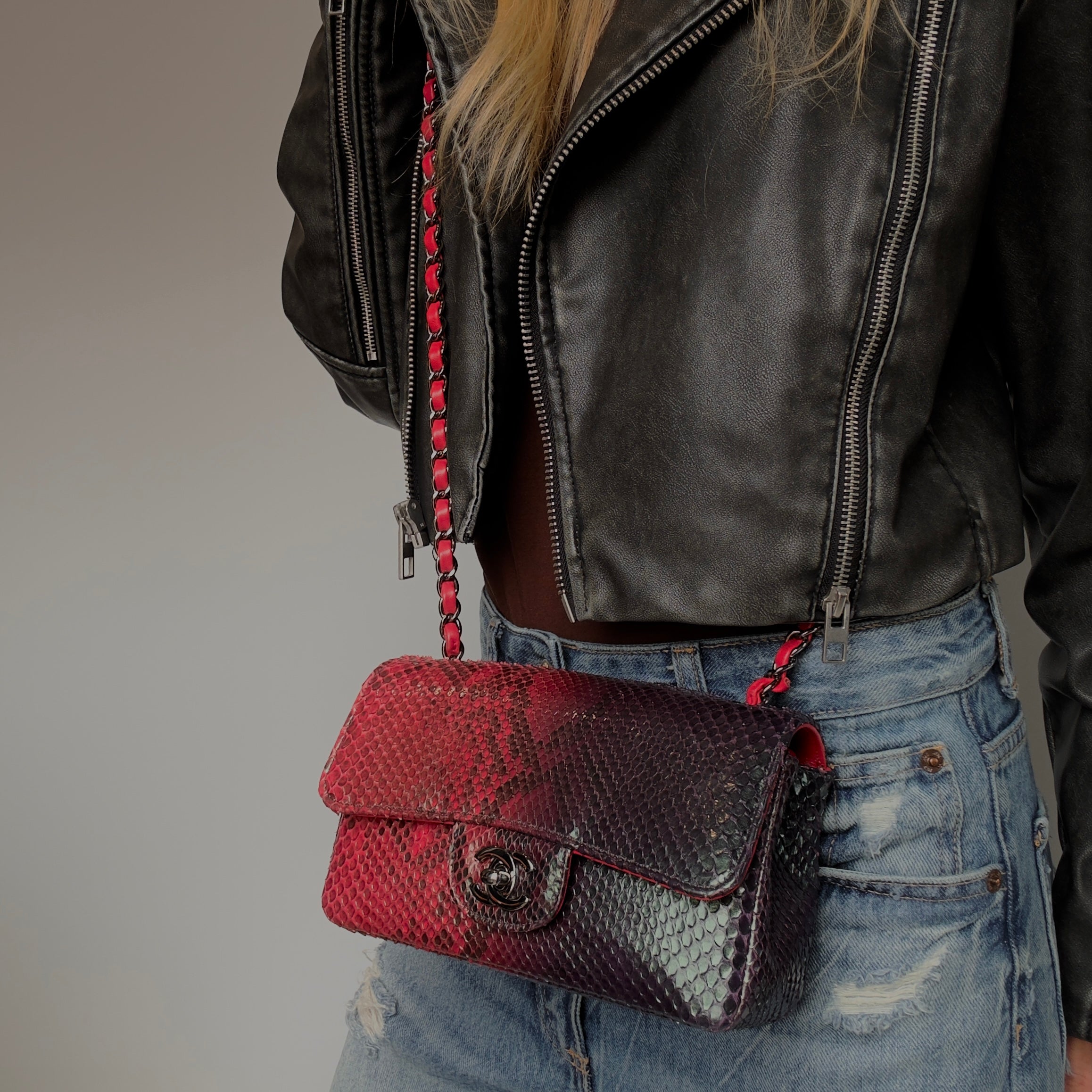 Chanel Mini Rectangular Flap Bag Red and Black Python Ruthenium Tone Hardware - Queen May