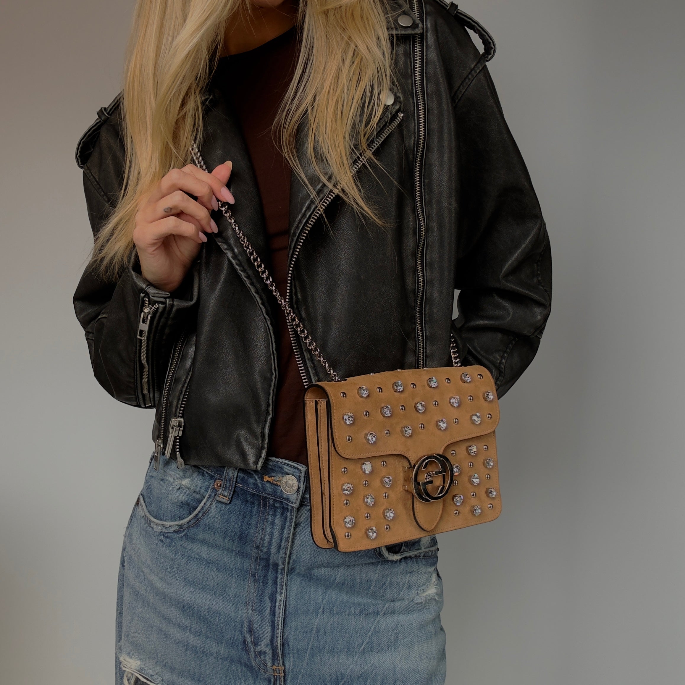 Gucci Interlocking Studded & Crystal Stones Suede Shoulder Bag Brown - Queen May