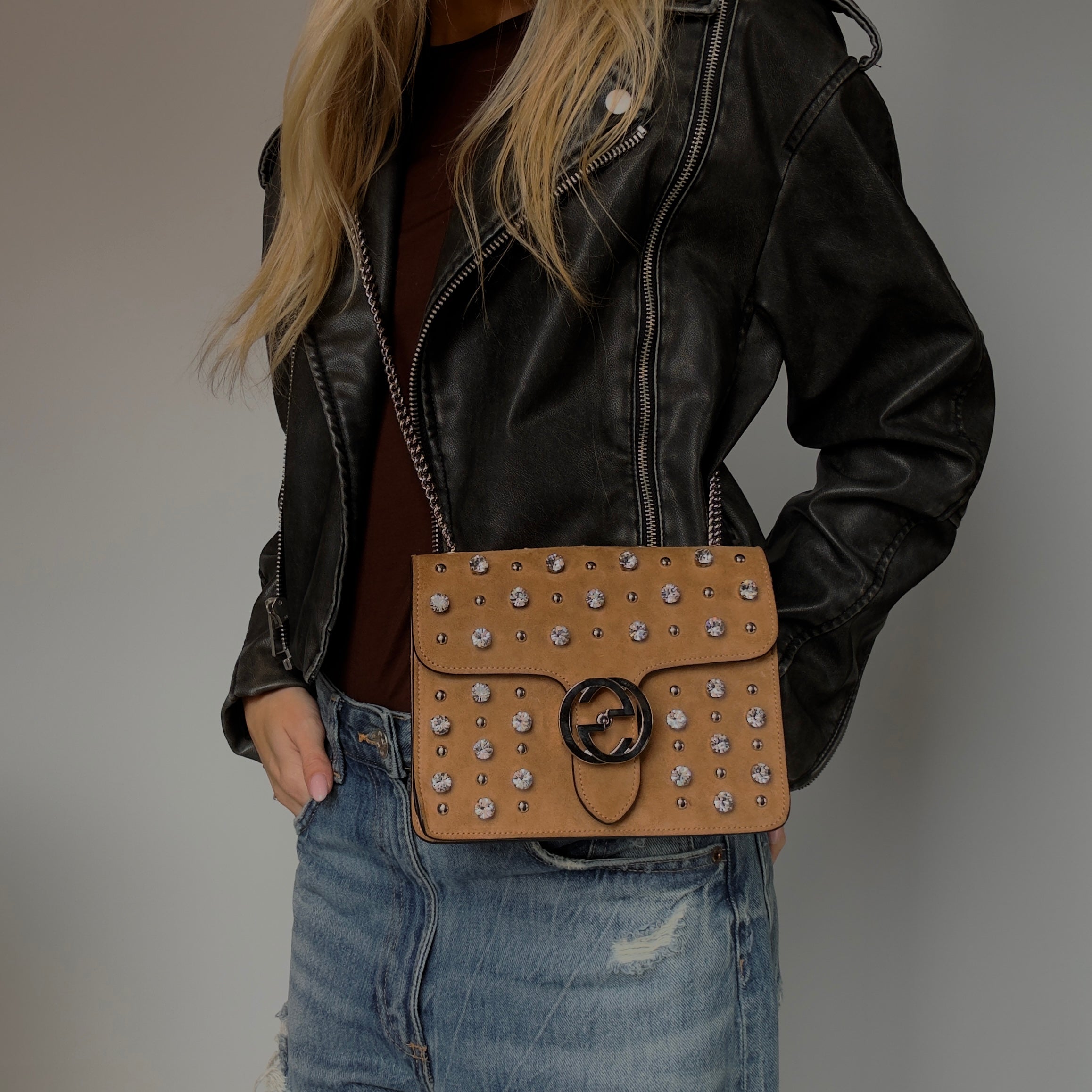 Gucci Interlocking Studded & Crystal Stones Suede Shoulder Bag Brown - Queen May