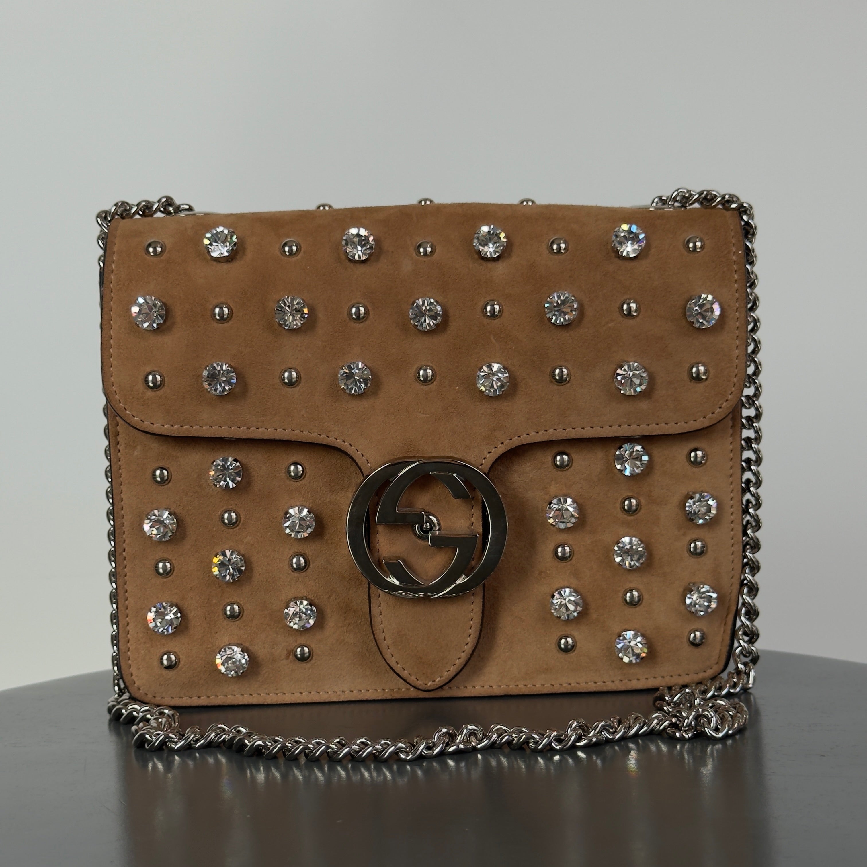 Gucci Interlocking Studded & Crystal Stones Suede Shoulder Bag Brown - Queen May