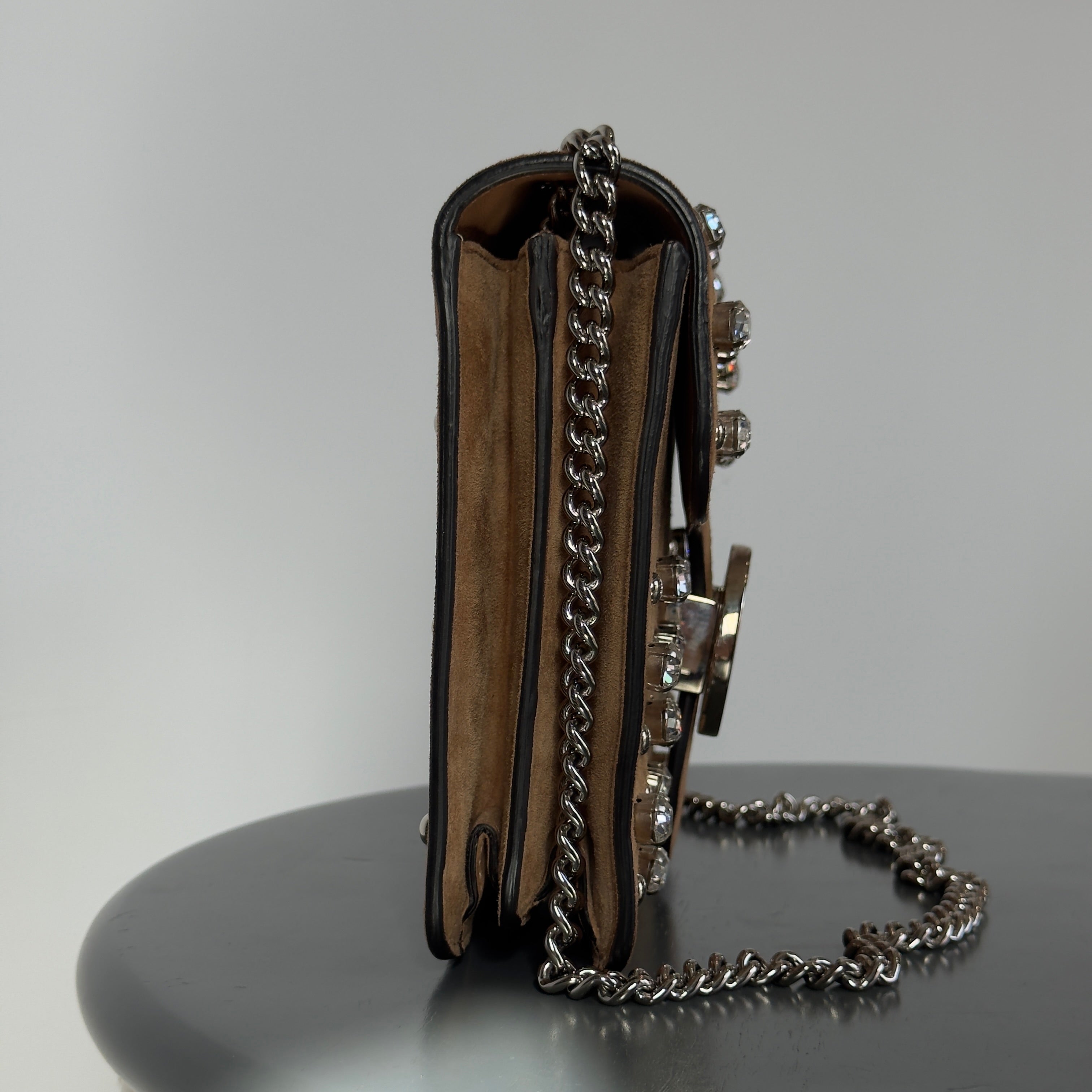 Gucci Interlocking Studded & Crystal Stones Suede Shoulder Bag Brown - Queen May