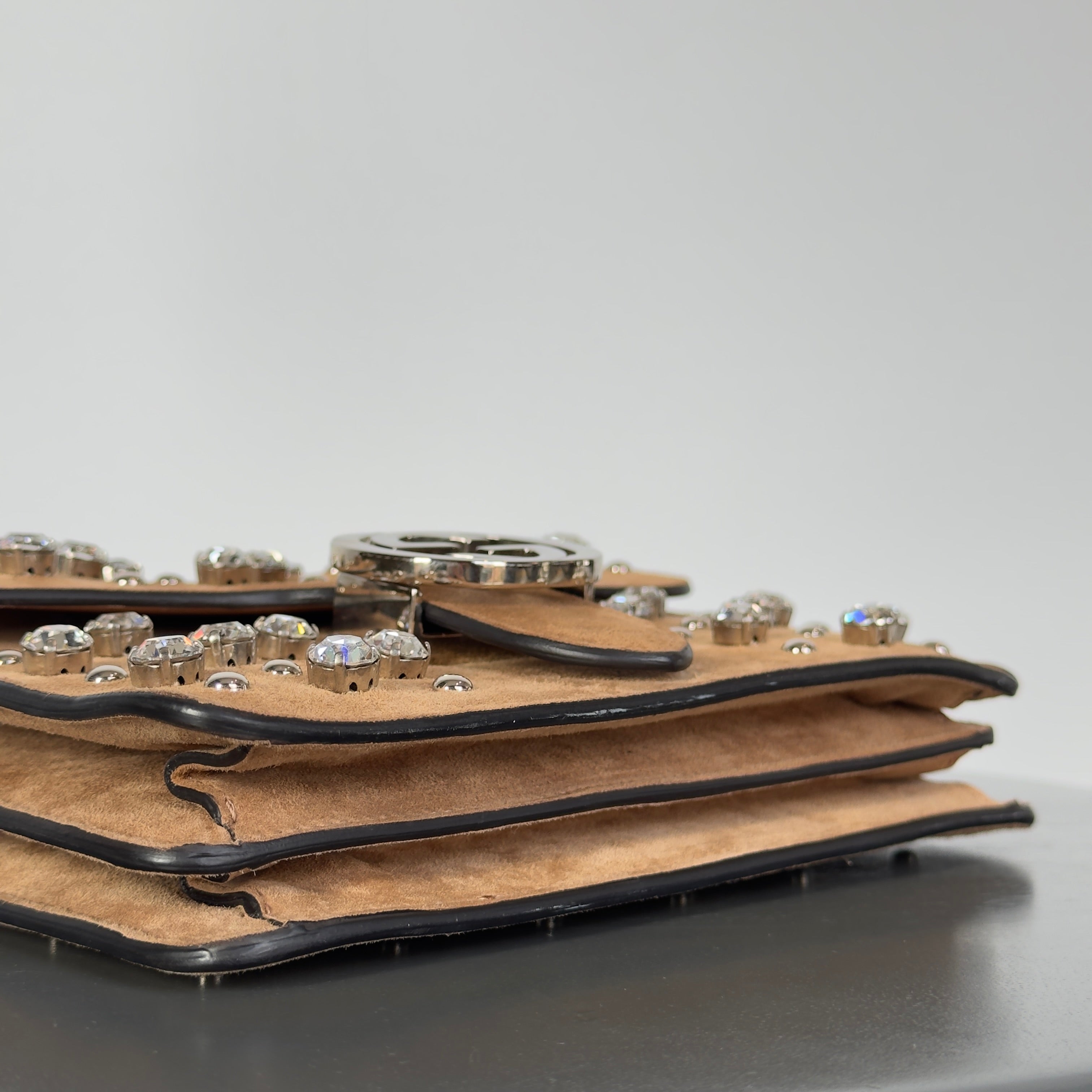 Gucci Interlocking Studded & Crystal Stones Suede Shoulder Bag Brown - Queen May