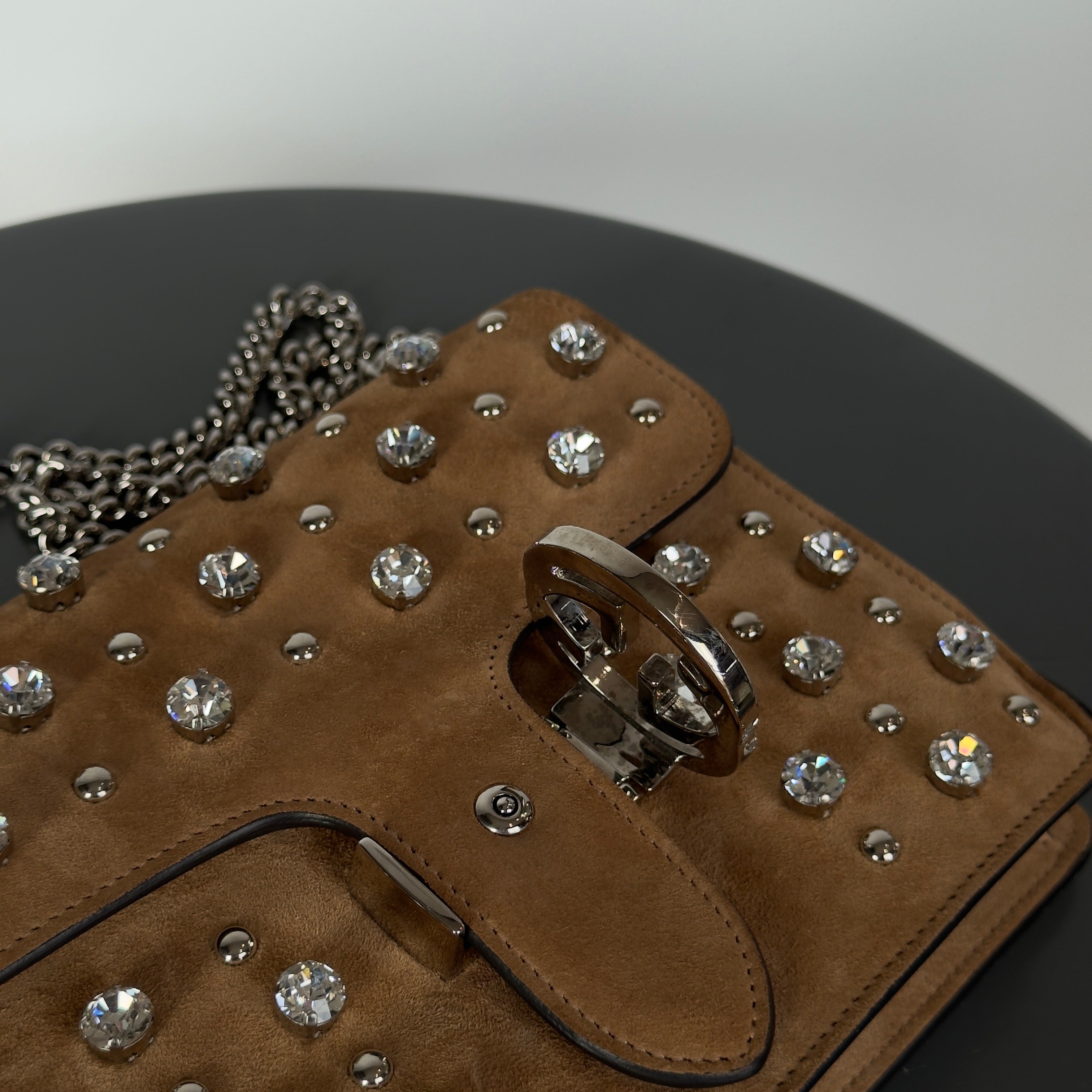 Gucci Interlocking Studded & Crystal Stones Suede Shoulder Bag Brown - Queen May
