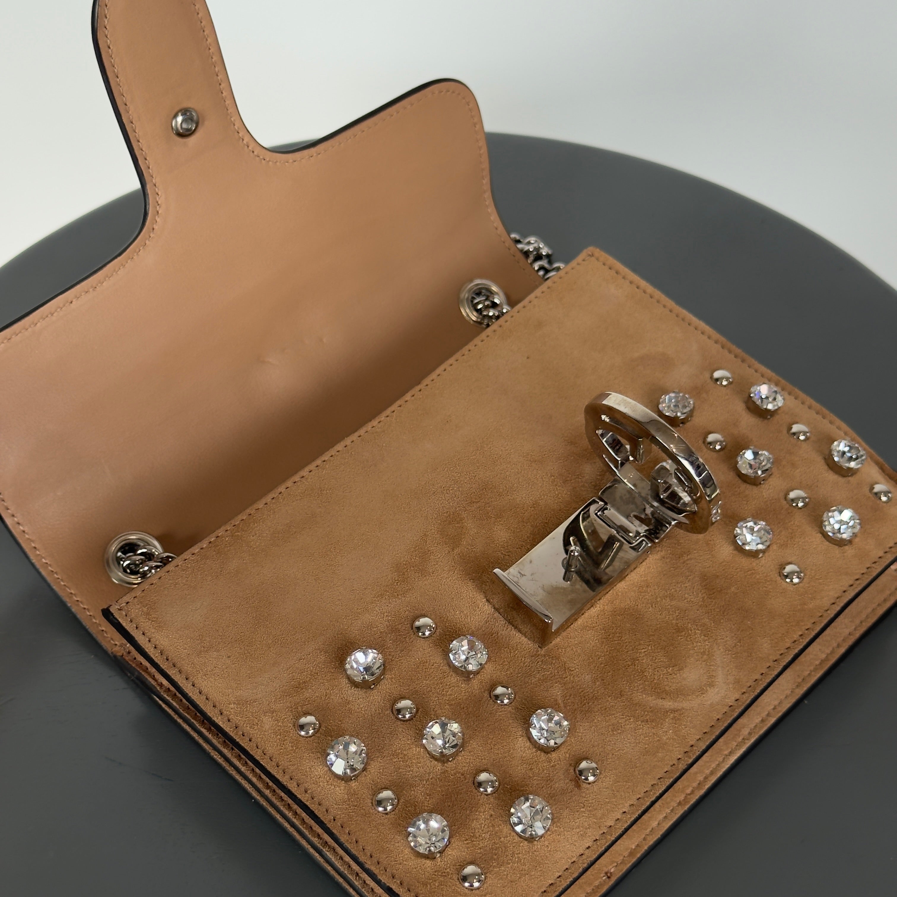 Gucci Interlocking Studded & Crystal Stones Suede Shoulder Bag Brown - Queen May