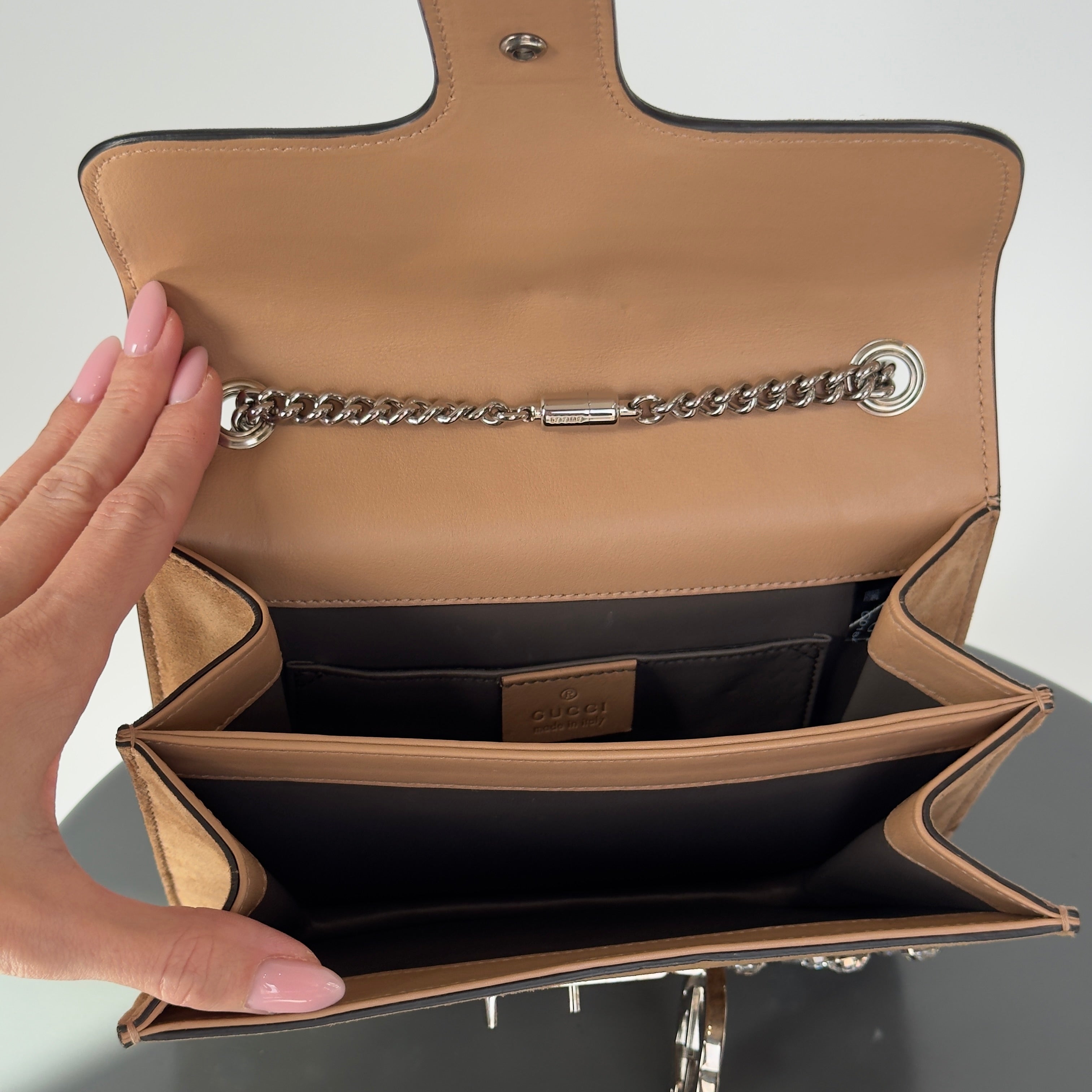 Gucci Interlocking Studded & Crystal Stones Suede Shoulder Bag Brown - Queen May